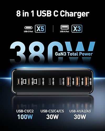 Miniatura 2 de Bloque de cargador USB C de 280 W con 4 cables USB, estación de carga USB C de 8 puertos GaN 100 W, adaptador de cargador para portátil compatible