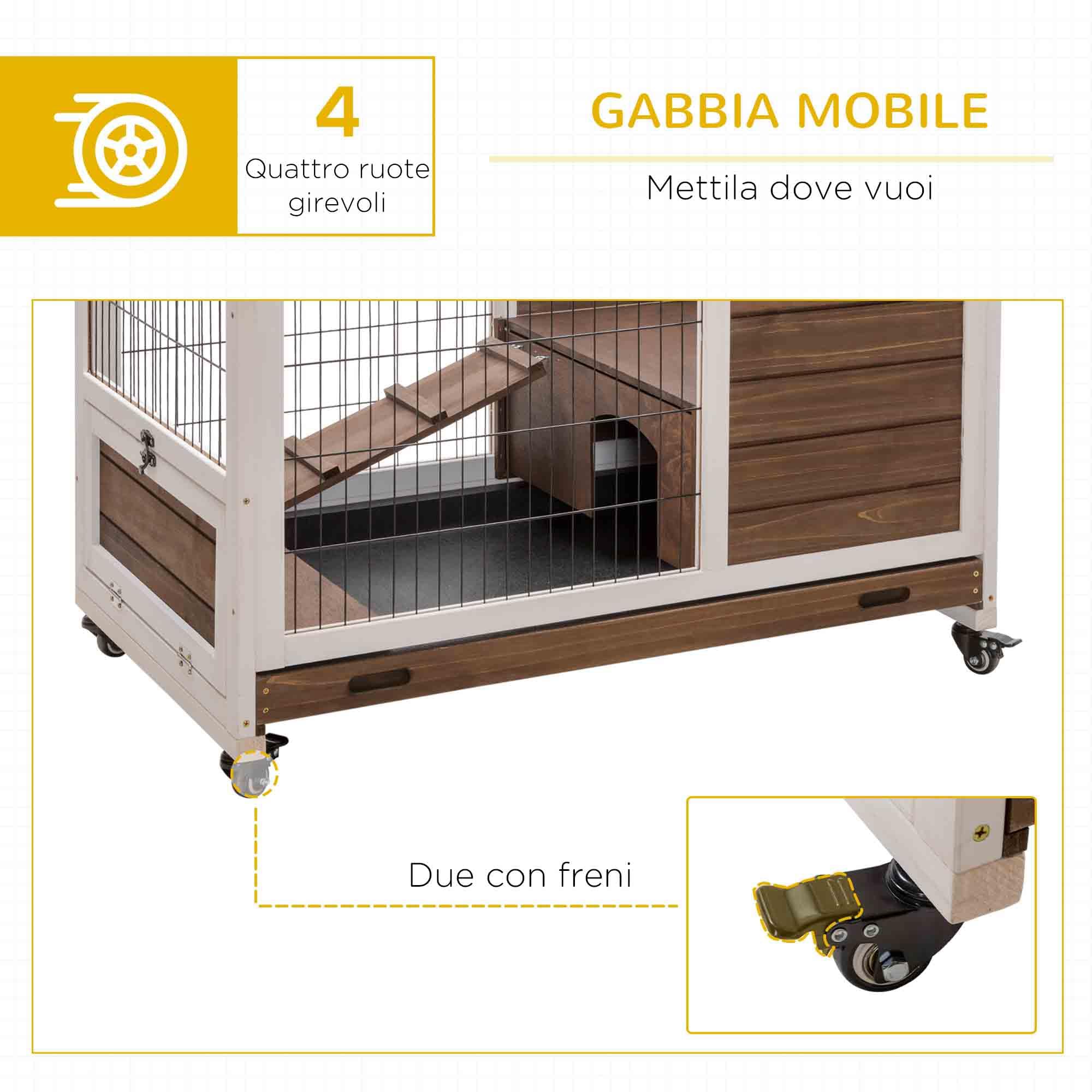 PawHut Gabbietta per Conigli e Porcellini d'India Conigliera con 4 Ruote, Casetta, Rampa e Vassoio Rimovibile, Legno Naturale, Marrone, 90x53x59cm