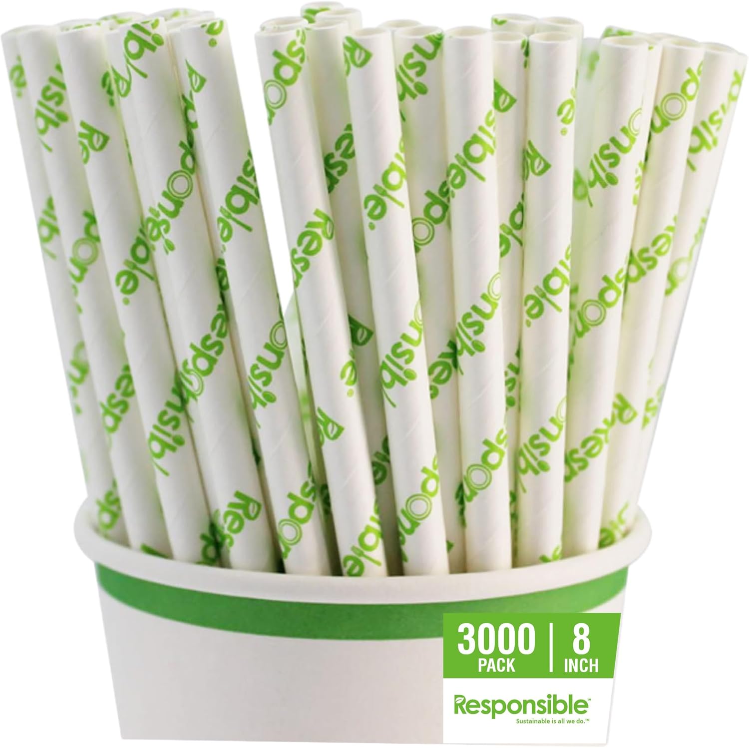 Responsible Products 100% Compostable 8 Inch Paper Straw, Extra Strength Straws, Made from Natural Plant Materials (3000 Pack)