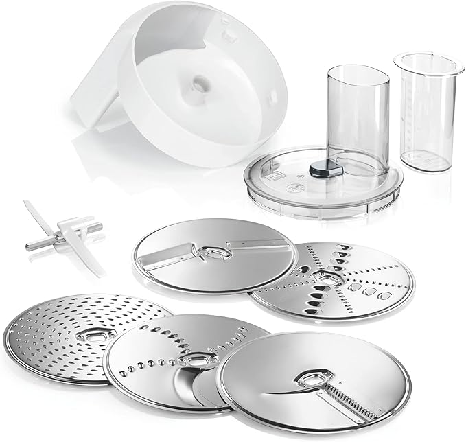 Juego de accesorios VeggieLove MUZ5VL1 de Bosch, escalope continuo que incluye 5 rebanadas (disco para cortar y girar, disco raspador, disco rallador medianamente fino, para verduras asiáticas y rösti), multicolor