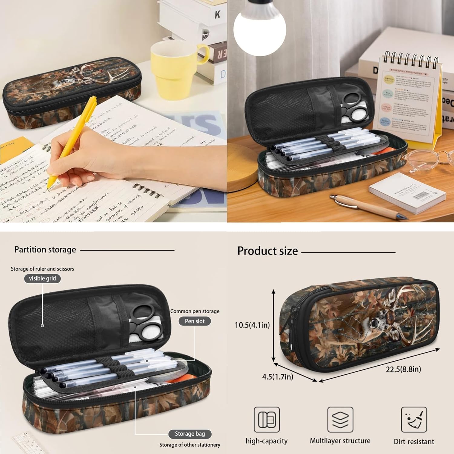 Deer Forest Camo Kids Backpack and Lunch Box Set for Girls Boys Sturdy Bookbag with Large Capacity Pencil Bag for Adult Women Aesthetic Make Up Bag for Office Supplies