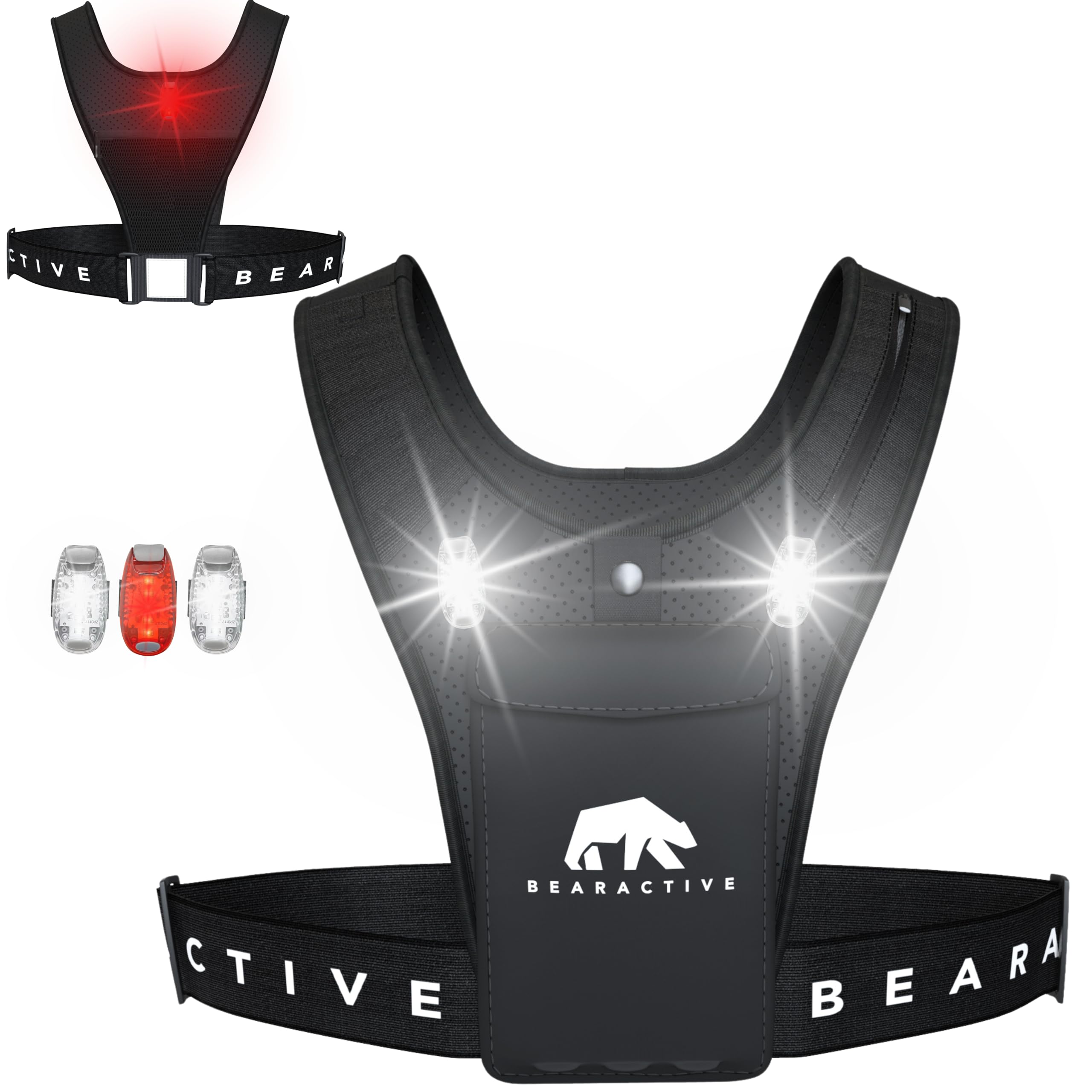 Bearactive LED Running Vest with Running Light - 3 LED Lights, Reflective, Adjustable Strap & 4 Pockets - Lightweight Running Phone Holder, Women & Men (Battery, Black)