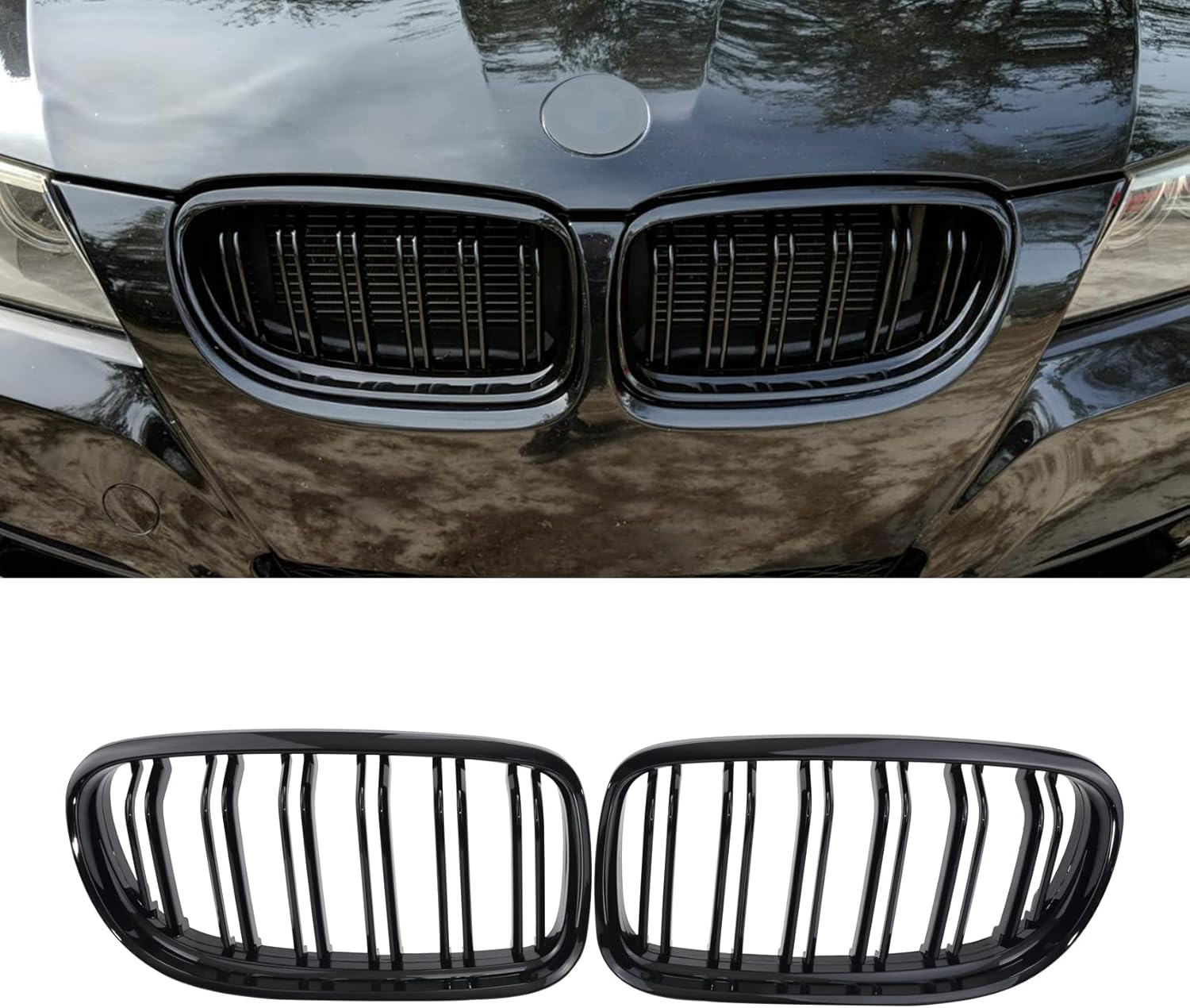 E90 Grille,Kidney Grill Dual Slat Double Line Gloss Black Fits For BMW E90 3-Series 2005-2008 320i 323i 325i 328i 330i 335i