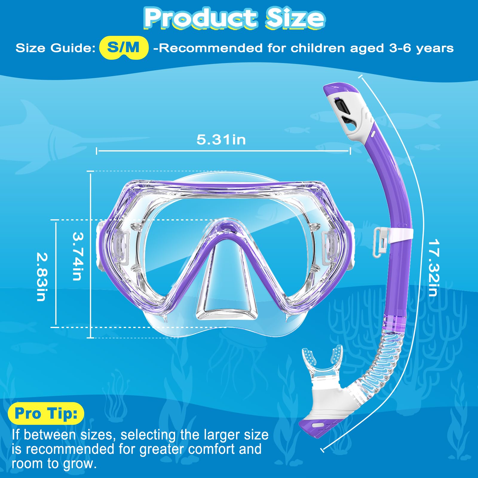 Set di snorkeling per bambini, occhiali da nuoto unisex per bambini, maschera anti-appannamento e boccaglio asciutto per bambini dai 3 ai 14 anni (viola)