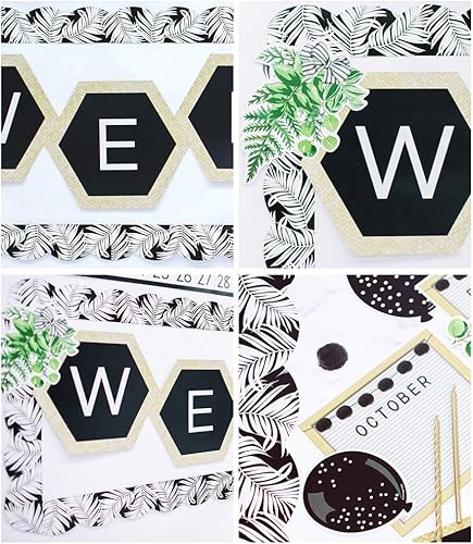 Miniatura 6 de Schoolgirl Style Simply Boho Bordes bohemios festoneados en negro con hojas blancas para tablero de anuncios, tablero blanco, tablero de corcho y