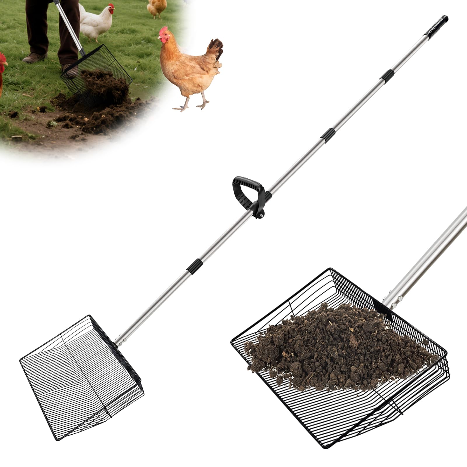 HitTopss Metal Chicken Poop Scooper, Large Chicken Coop Scoop with 38" to 77" Adjustable Stainless Steel Handle, Litter Sifting Shovel Chicken Coop