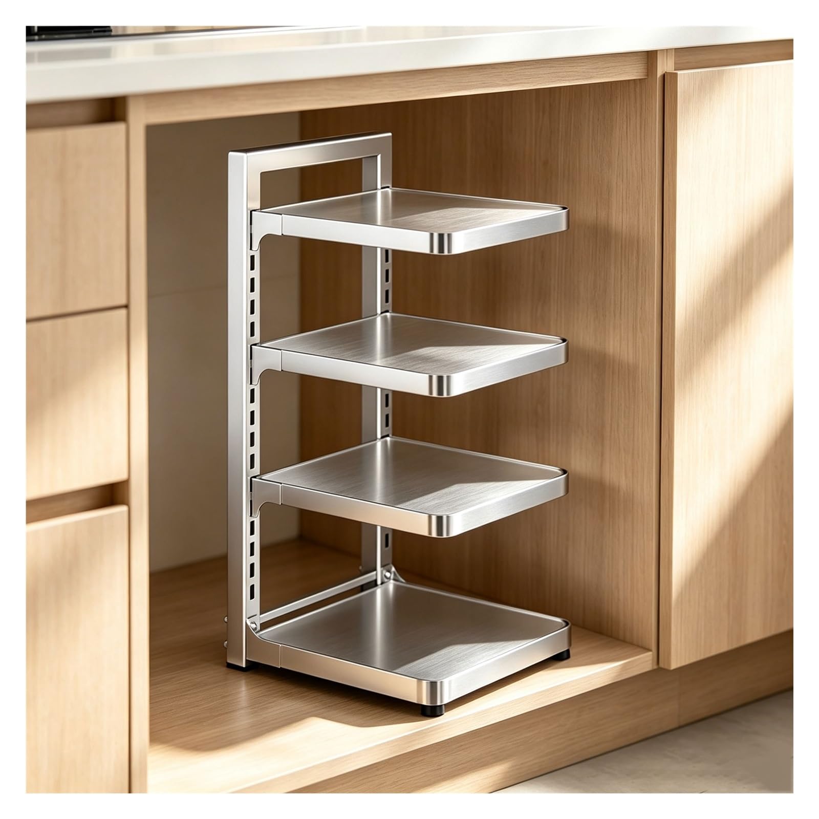 Unterschrank Organizer Edelstahl, Vorratsschrank Organizer Mehrstufig | Küchen Organizer Schrank Höhenverstellbar, Topf Organizer Hoch Belastbar, Schrankregal Abnehmbare Ebenen(4-Tier)