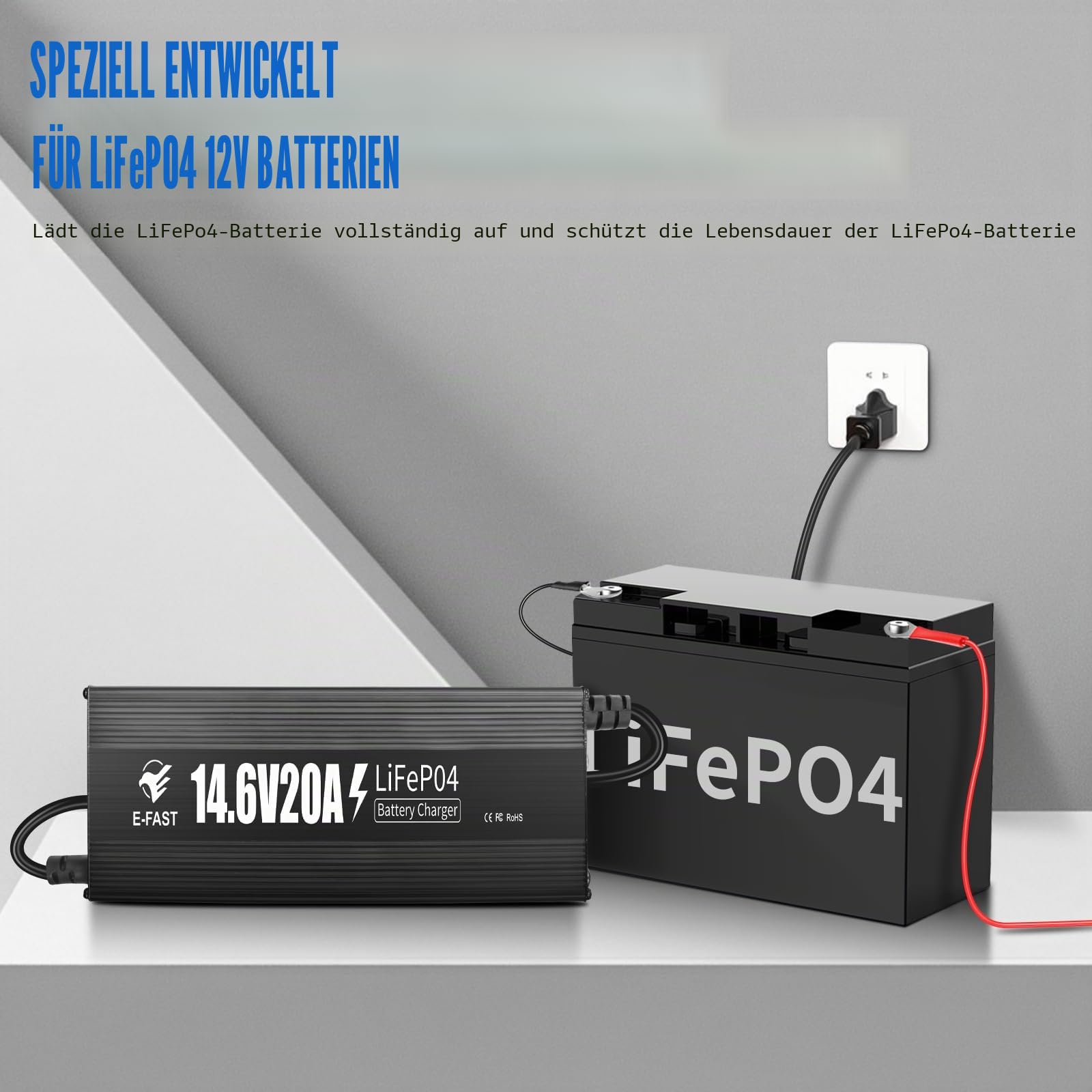 LiFePO4 Batterieladegerät 14,6V 20A Ladegerät 12V für Lithium Batterie Schnelles Aufladen für Wiederaufladbare Lithium-LiFePO4-Deep-Cycle-Batterien von Booten, Wohnmobilen