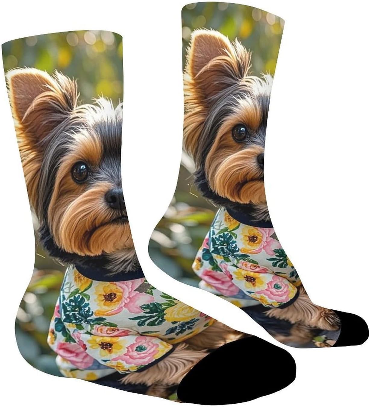 Breathable Sports Socks, Moisture Wicking, Lightweight Crew Socks | Yorkie Floral Athletic Calf Socks for Women Men, Casual, Anti-Slip, Multifunctional Work Socks