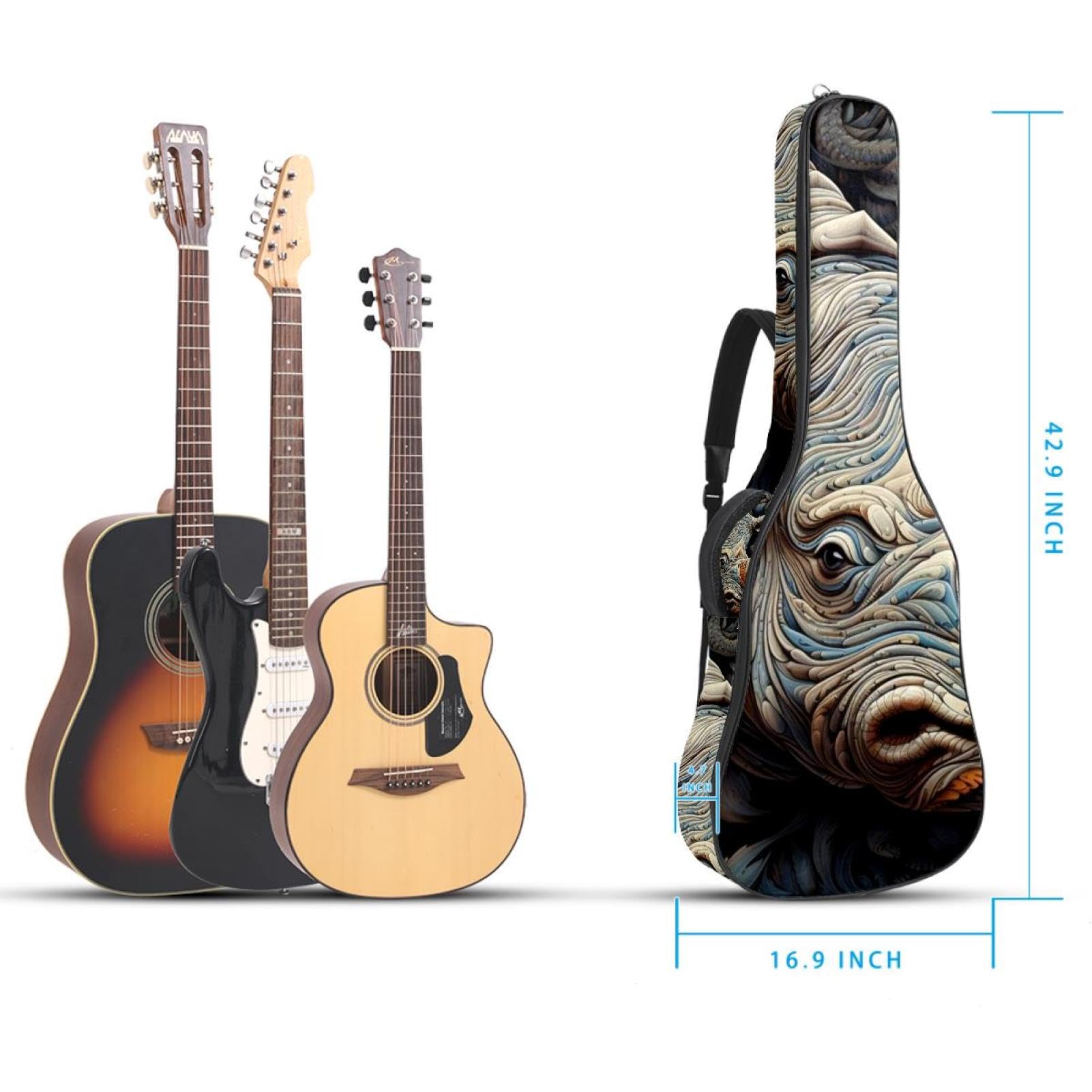Cool Rhino 69 Akustikgitarrentasche mit 2 Taschen, verstellbarem Schultergurt und Rückenaufhänger, geeignet für E-Gitarren, Bassgitarren und klassische Gitarren, Cooles Nashorn, 42.9x16.9x4.7 in,