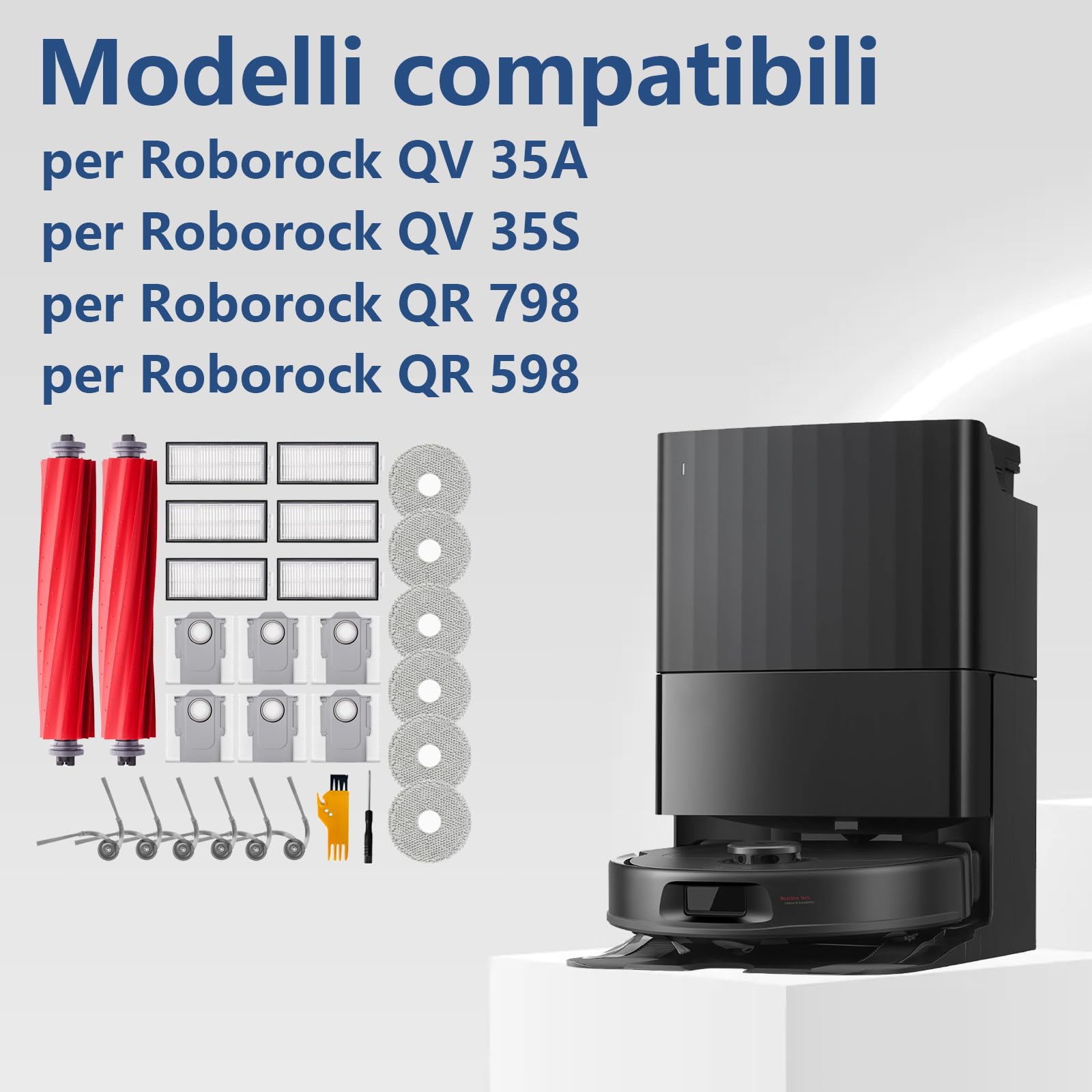 28 pezzi di Accessori per Roborock QV 35A / QV 35S / QR 798 / QR 598 robot, 2 Spazzole Principali, 6 Asciugamani, 6 Filtri, 6 Sacchi di Polvere, 6 Spazzole Laterali, 2 Utensili di Pulizia
