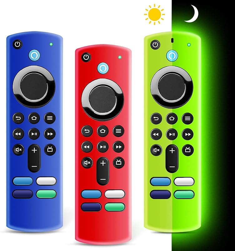 (3 Pack) ONEBOM Firestick Remote Cover 3rd Gen with Alexa Voice Remote 4K,Fire TV Stick Case Glow in The Dark,Anti Slip Shockproof Silicone Protective Case with Lanyard(Glow Green&Blue&Red)