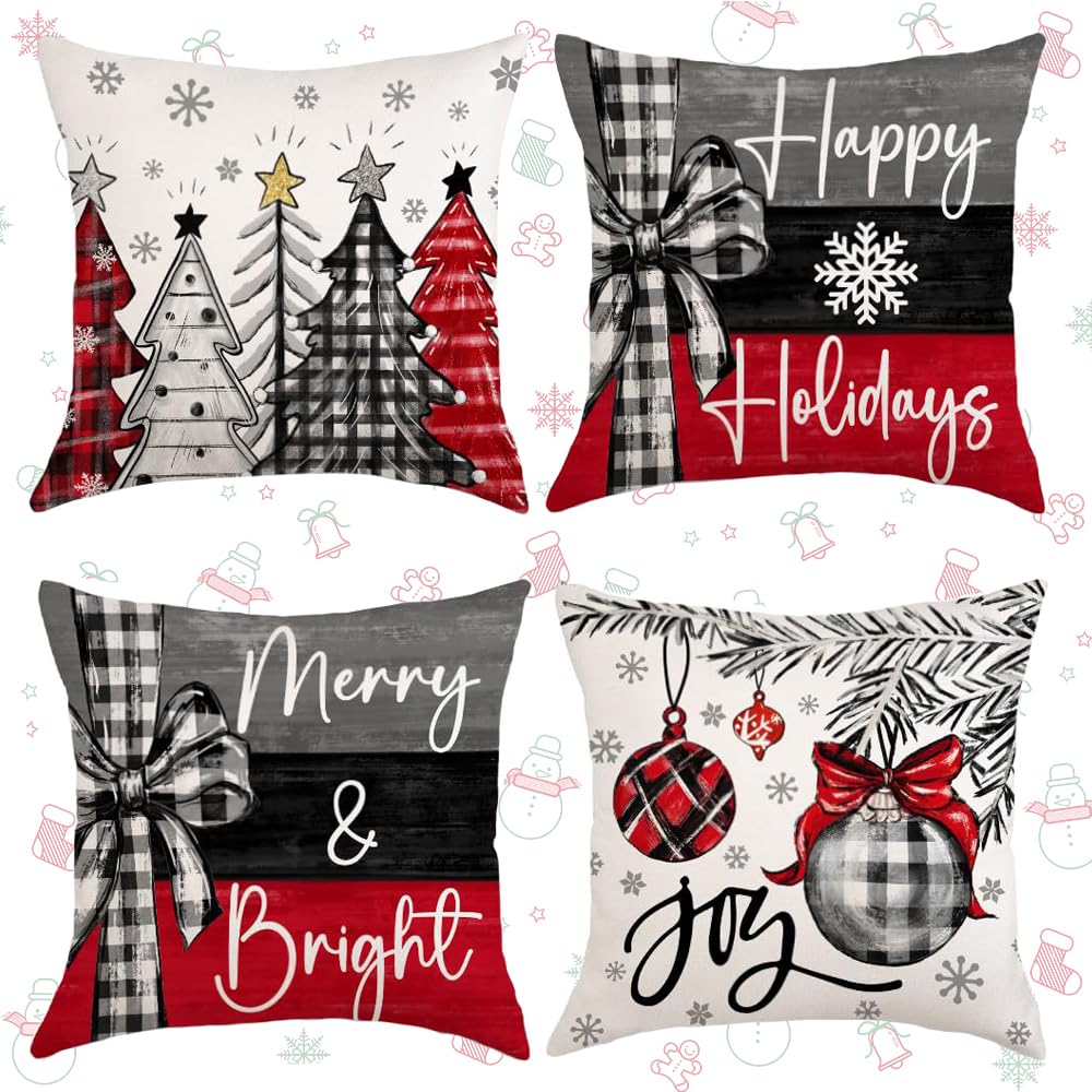Jiahuade Funda de Almohada Navideñas,4 Pcs Fundas Cojines Navidad,Decoración Navideña Hogar,Funda de Cojines Navideños,Adornos Navidad Casa(45 * 45cm) (C)