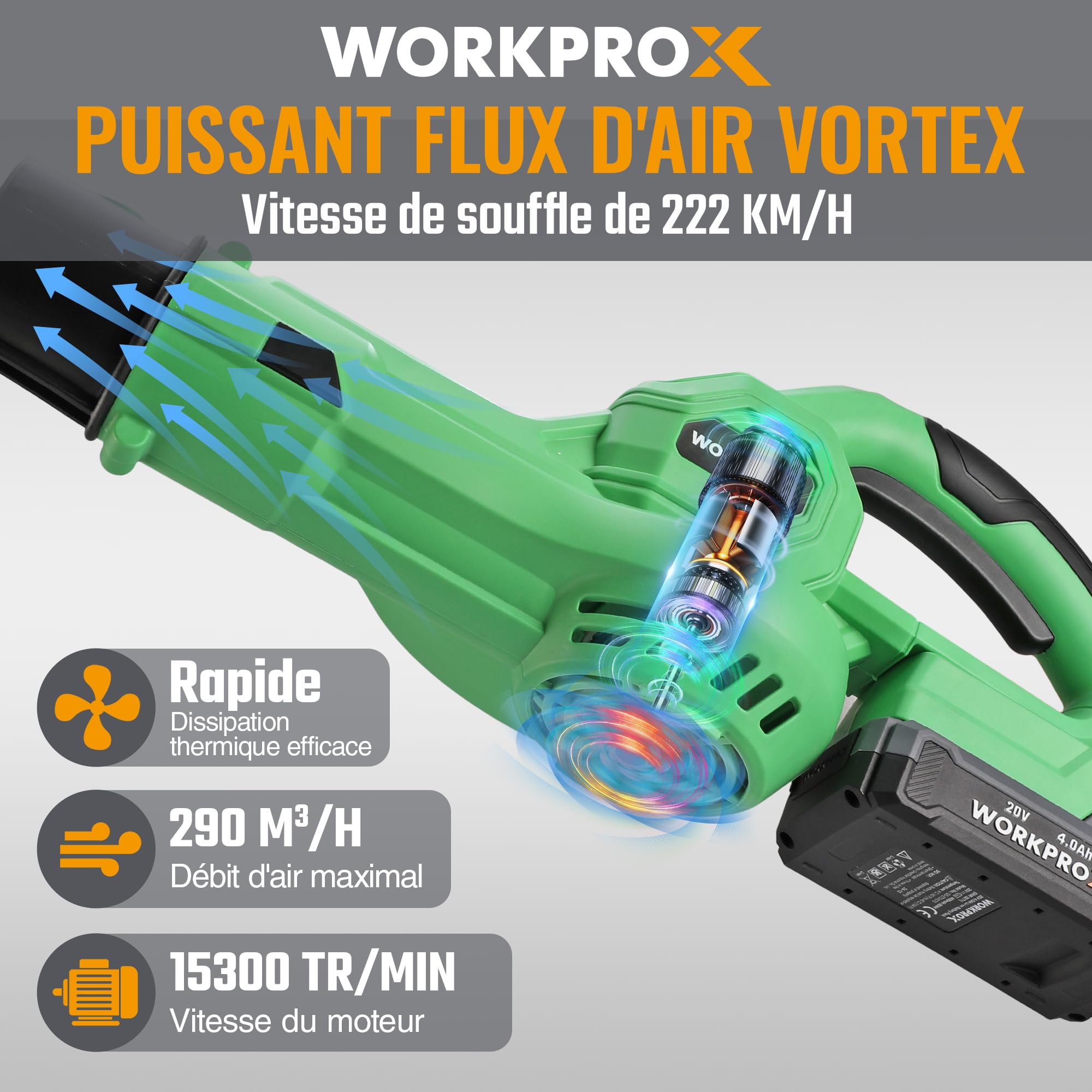 WORKPROX Souffleur de Feuilles sans Fil 20V 4,0 Ah, Souffleur Batterie avec Débit d’Air Puissant 222KM/H et Capacité 290 M³/H, Idéal pour Jardins, Allées, Terrasses | Débit d’Air 222 km/h, Capacité 290 m³/h, Idéal pour Jardins, Allées et Terrasses