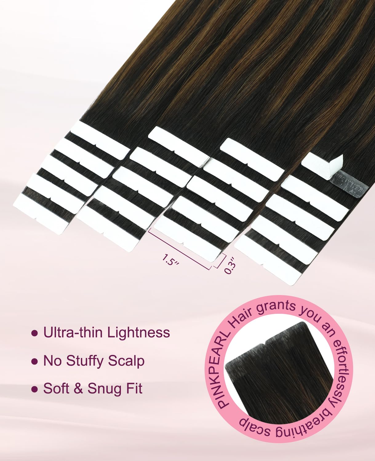 Pinkpearl Invisible Tape in Hair Extensions Human Hair, 20pcs 16inch 45g #1B/4/27 Balayage Natural Black to Chocolate Brown and Caramel Blonde Injection Tape in Extensions Remy Human Hair Injected