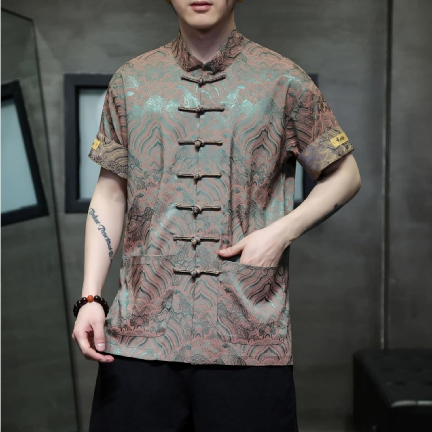 Men's Kung Fu Shirt,Traditional Chinese Hanfu Tang Suit Coat with Silk Printing,Half Sleeve Top for Casual Summer Outfits
