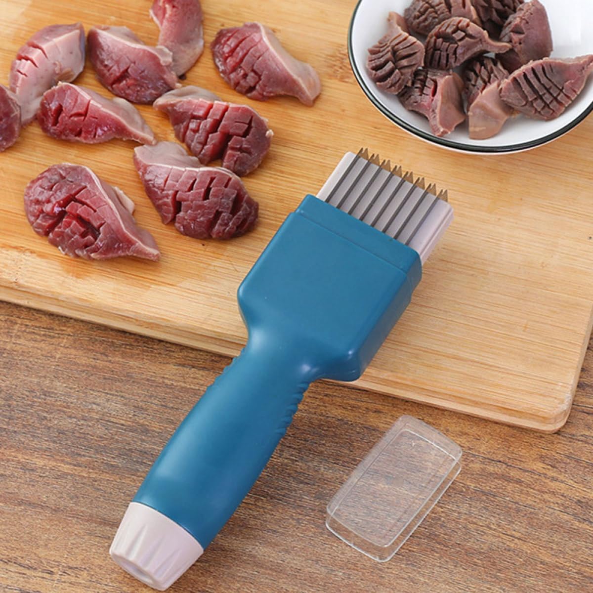 SECFOU Multifunctional Squid Cutter and Kidney Slicer Blue with Protective Cover and Cleaning Brush Professional Seafood Kitchen Tool for Home and Restaurant Use