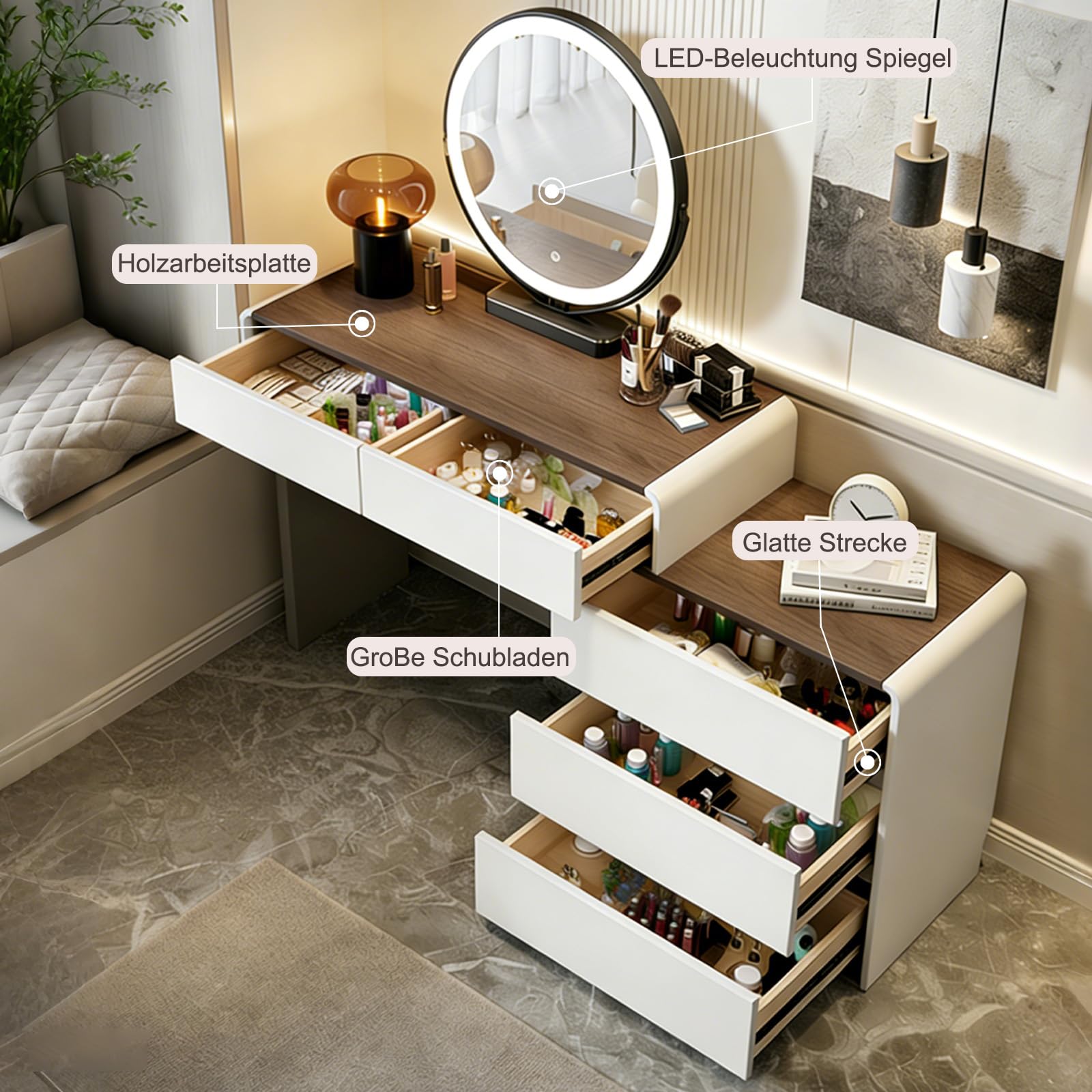 Schminktisch mit Holzmaserung, L-förmiger Frisiertisch mit Spiegel, Moderner Ecke Kosmetiktisch mit 5 Schubladen und Schrank, Einfach zu Montieren für Mädchen Schlafzimmer, 100cm