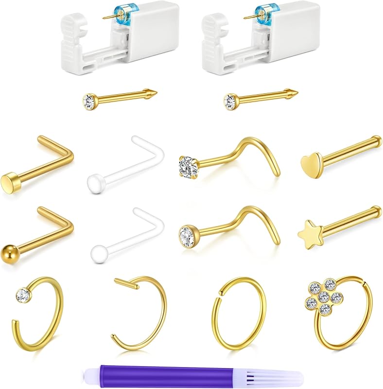 Kit para Piercing de Nariz TOKRING com 2 Pistolas Descartáveis, Argolas e Studs