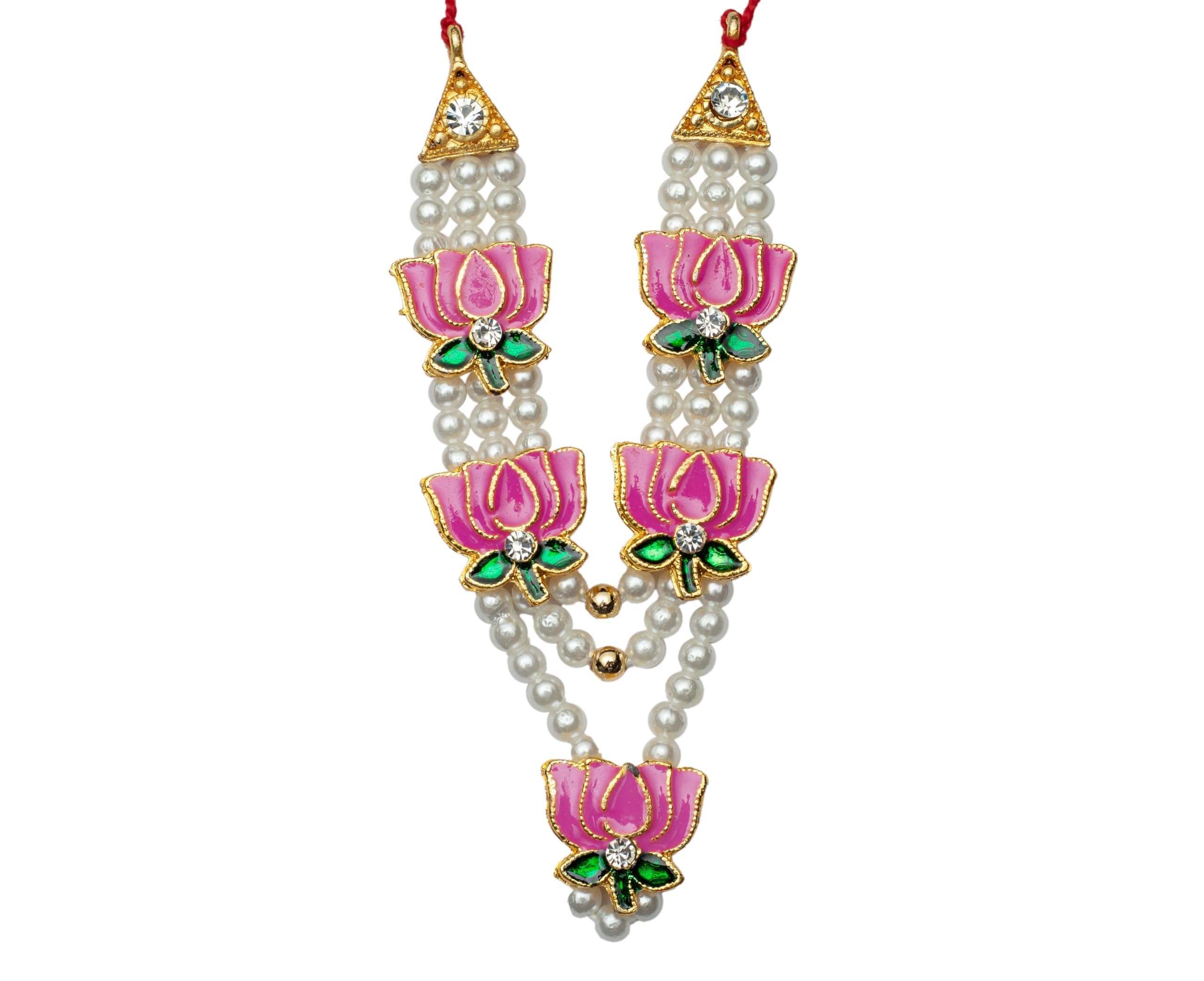 Single Lotus Design Moti Mala Set for Laddu Gopal/Devi Maa/Radha Krishna/God Goddess Haar Sringar Set Deities jewellary Set for Janmashtami All God Idol Statue for Holi festival decoration(Size:-3'')