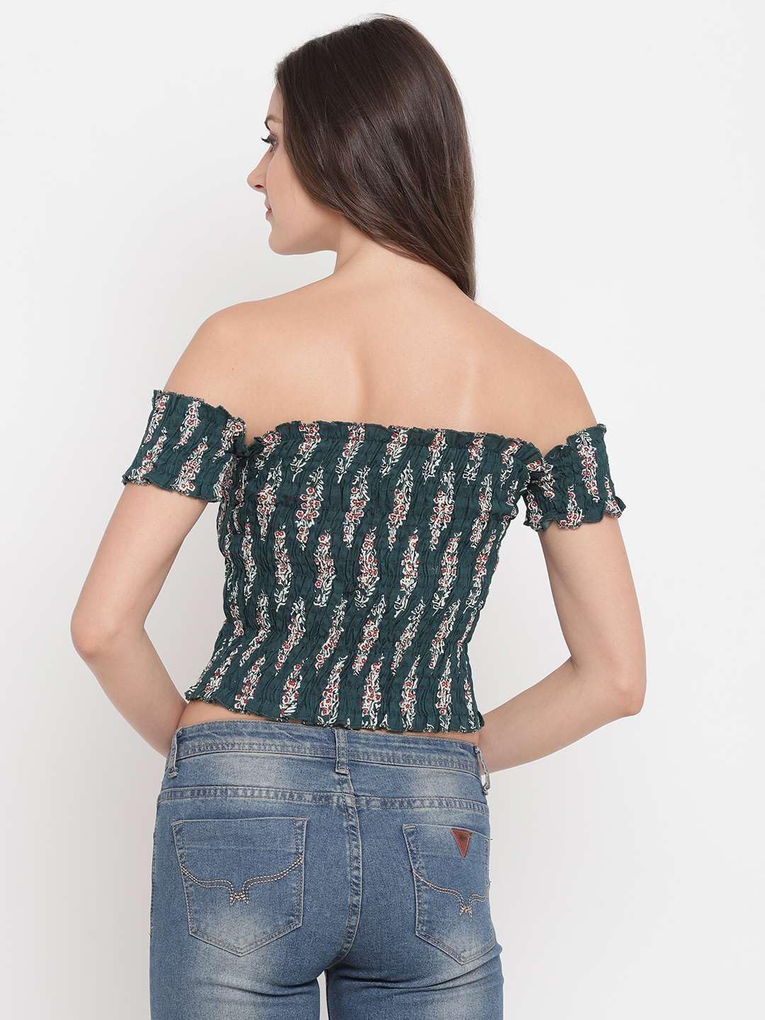 Zenvy Crafts Women's Rayon Printed Off-Shoulder Smocked Crop Top Short Sleeve Casual Styles Tank Top (Free Size) Multi37