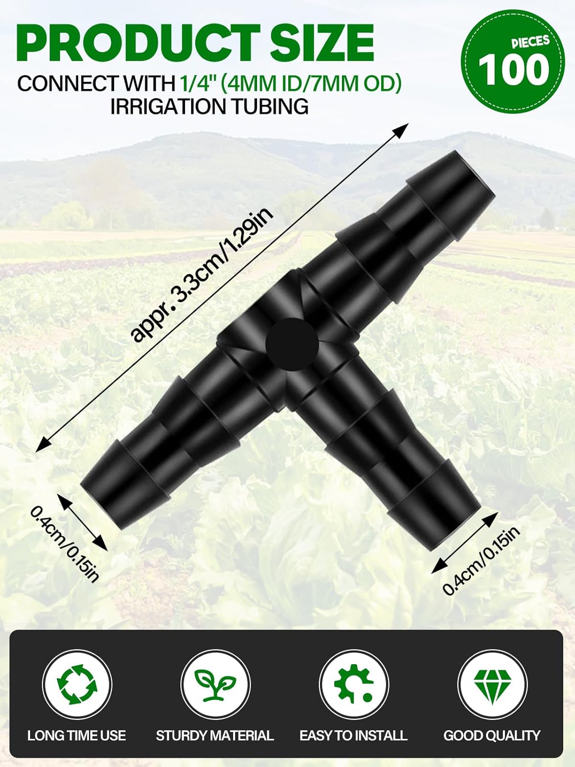 Kalolary 100PCS 1/4" Universal Barbed Tee Fittings, 1/4 Inch Barbed Tee Connectors Drip Irrigation Fittings for 4mm/7mm Water Tube Parts Drip Irrigation Hose Connector Watering System