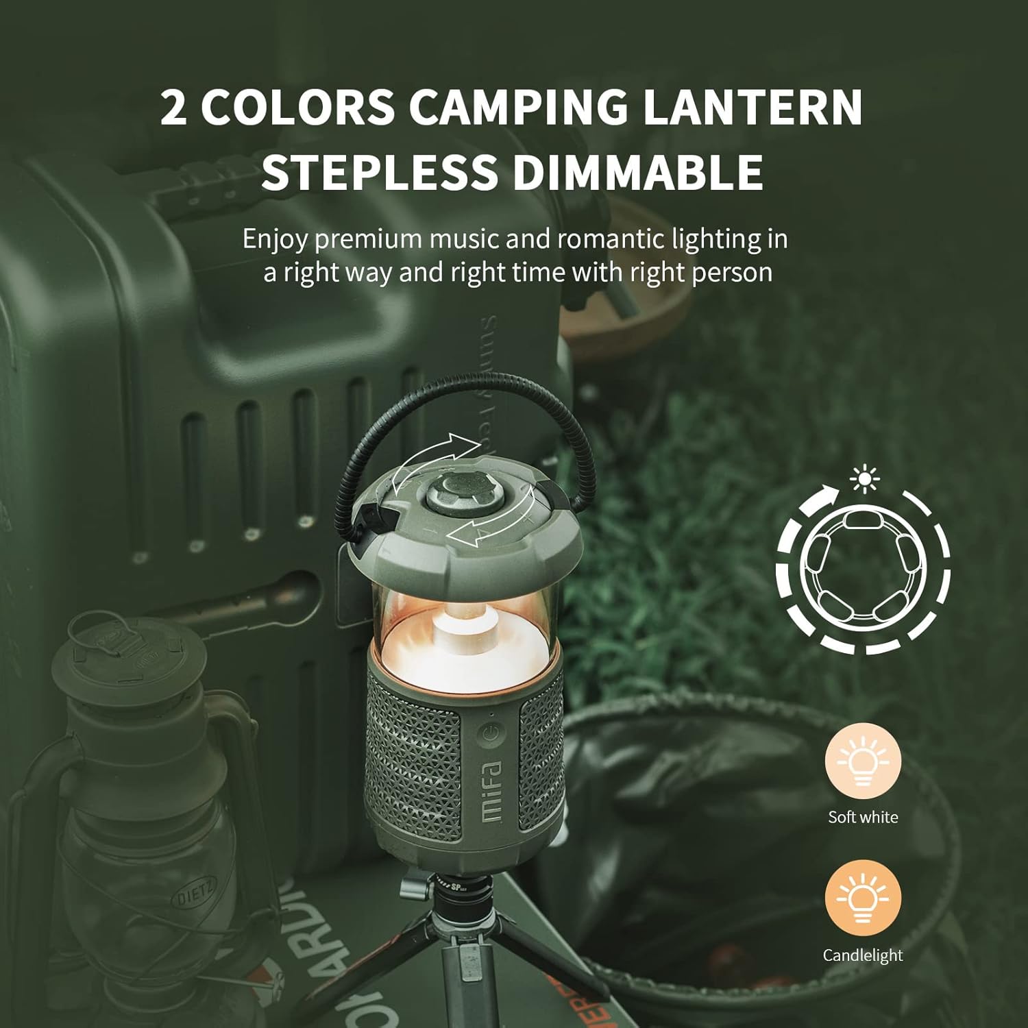 MIFA Camping Lantern Speaker showing two light colors and dimming function.