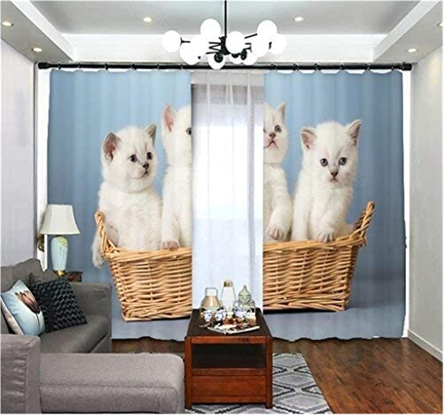Thermal Insulated Blackout Curtains，,3D Three Bamboo Basket Kittens Style Pattern, 100% Polyester Surface Fabric for Living Room Bedroom Curtain (Size : 80 * 84 inch)
