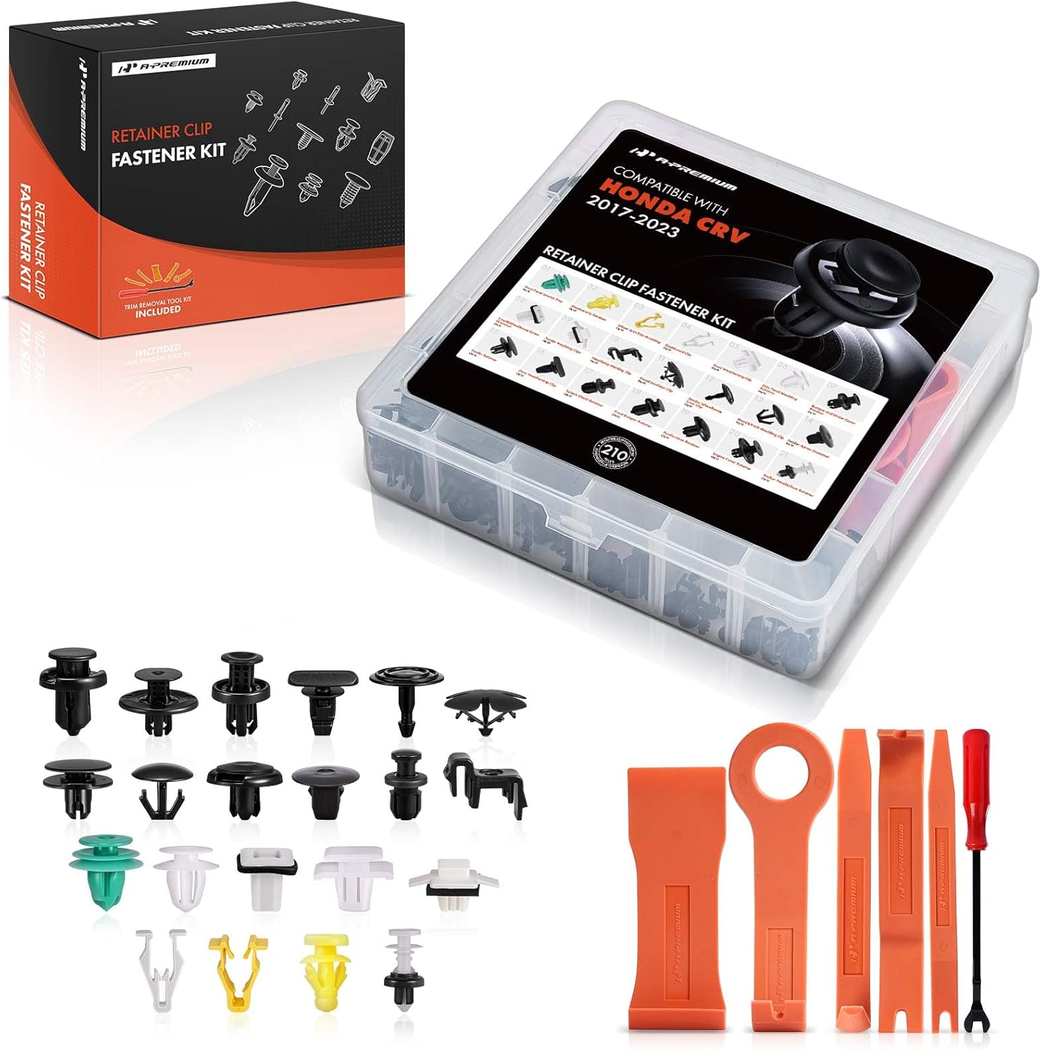 A-Premium 21 Sizes 40.16oz Bumper Fender Door Panel Retainer Clips Kit Compatible with Honda CRV 2017-2023 Weatherstrip Hood Car 210PCS Plastic Rivets Fasteners Push Retainer Kit, w/Removal Tool