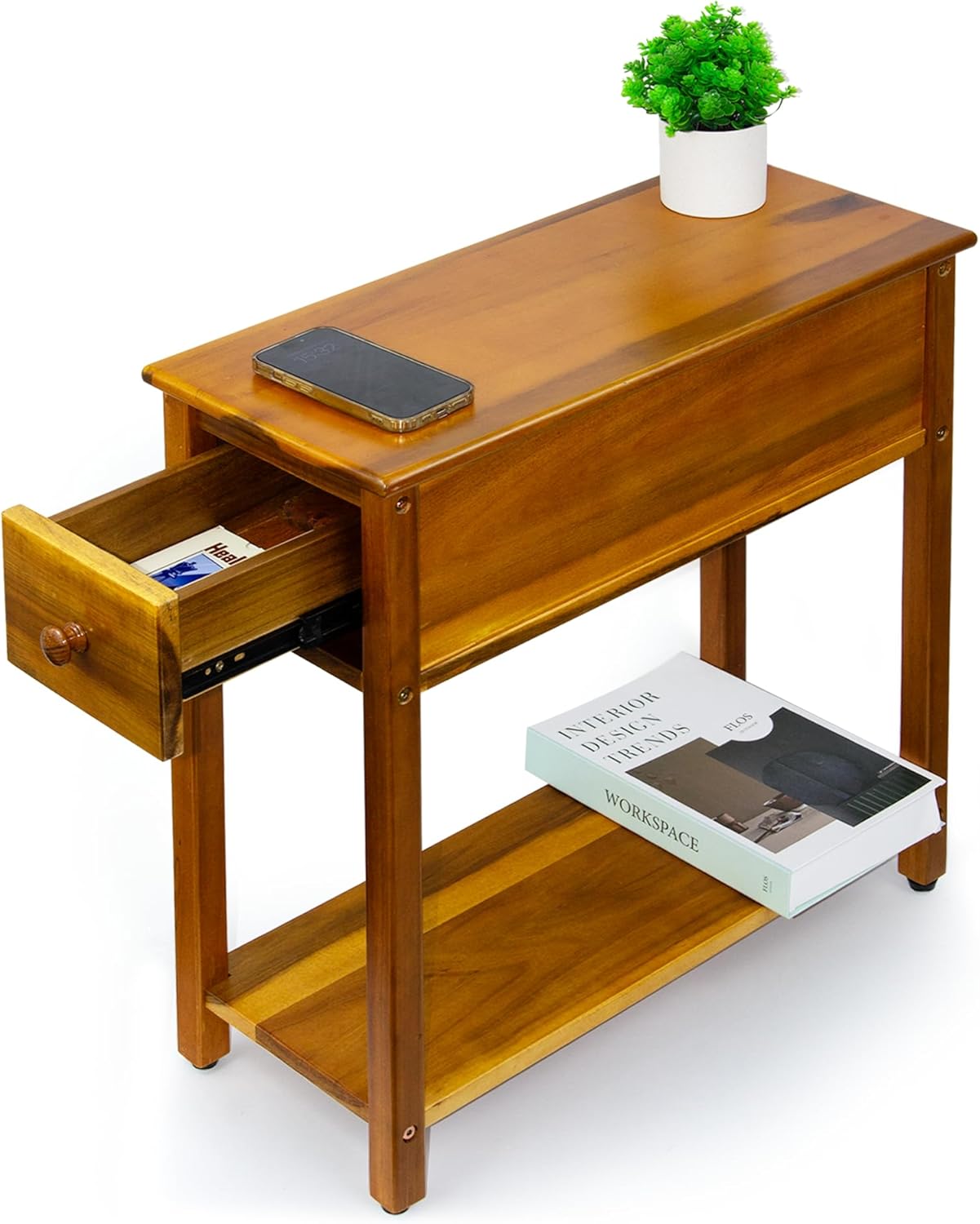 ENKEZI Narrow End Table with Drawer and Shelf – Slim Side Table for Small Spaces, Nightstand for Bedroom or Living Room, Small Bedside Table (Top Drawer)