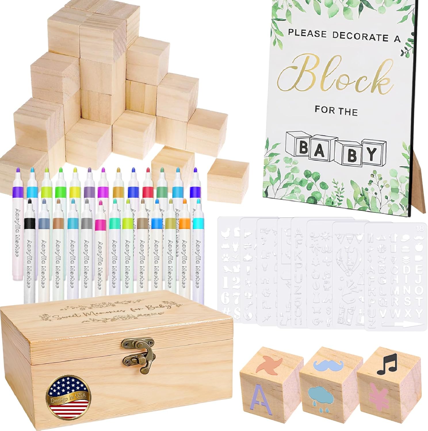 Baby Shower Games Kit with 50 DIY Wooden Blocks, 36 Pens 8 Creative Drawing Templates & 1 Game Sign – Fun, Interactive Baby Shower Activity for Boys and Girls (1 Set)