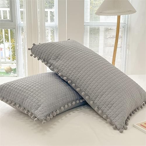 Miniatura 5 de IHOUSTRIY Juego de edredón de tamaño individual, color gris, con flecos de pompones, colcha ligera de 2 piezas, colcha suave para niños, juego de