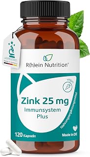 Rhein Nutrition Zink Hochdosiert 25mg | Zinkbisglycinat 120 vegane Zink Kapseln für 4 Monate | Bisglycinat für Immunsystem Haut Haare & Nägel | hohe Bioverfügbarkeit | Laborgeprüft in Deutschland