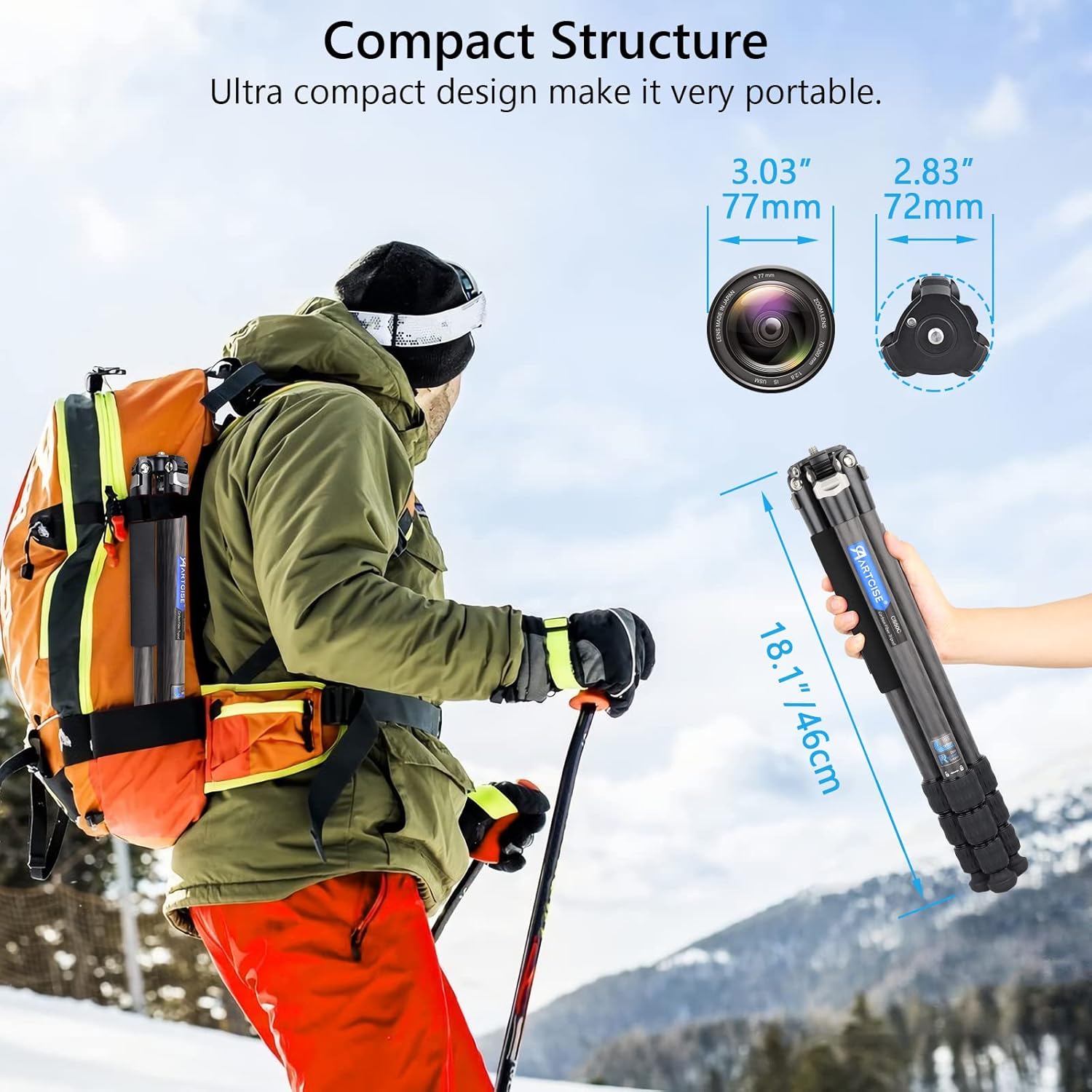 Compact Carbon Fiber Tripod 10-Layer Carbon Travel Camera Stand Detachable Monopod Accessory Threaded Hole Design Video DSLR Tripod Load Up to 33.1lbs/15kg（Without Tripod Head
