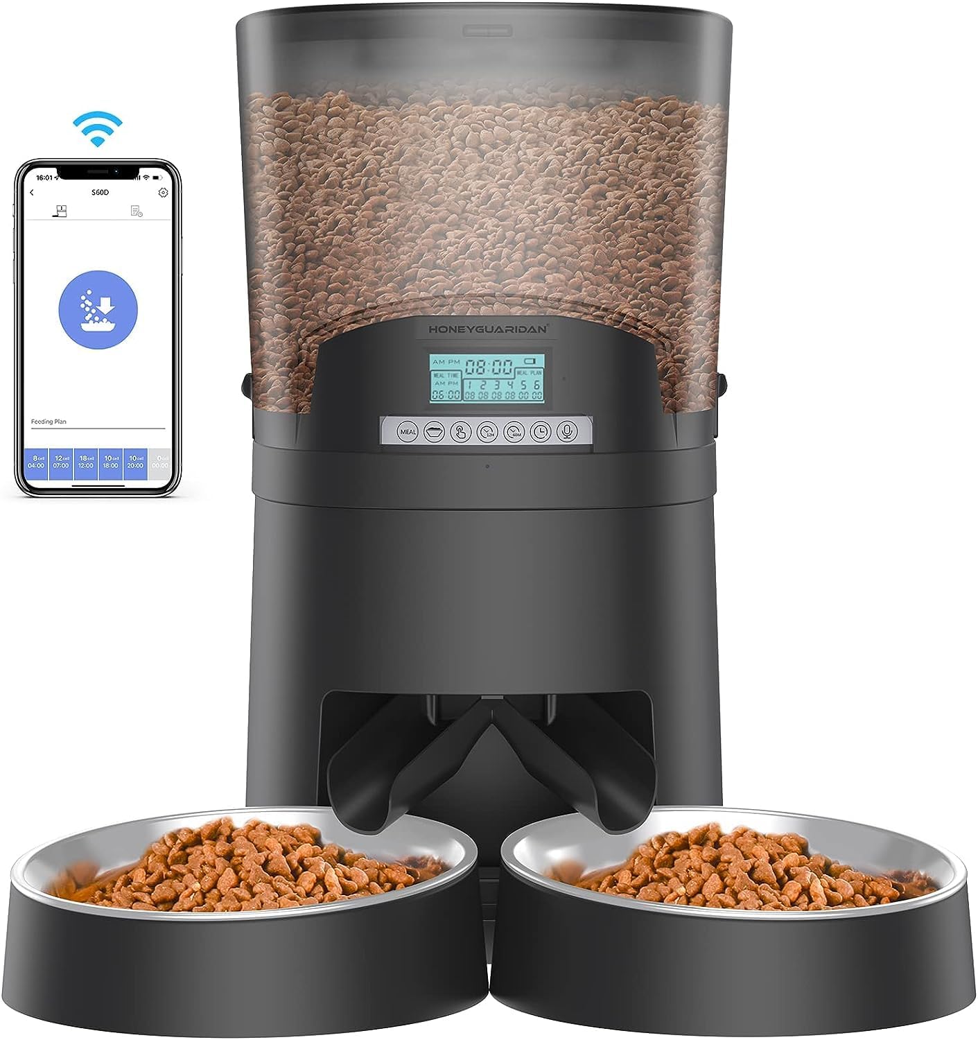 HoneyGuaridan 6.5L Comederos automáticos para 2 Gatos y Perros, 2.4G WiFi App Control Dispensador Automático Comida Gatos, Control de Porciones, grabadora de Voz 10S, 1-6 Comidas por día