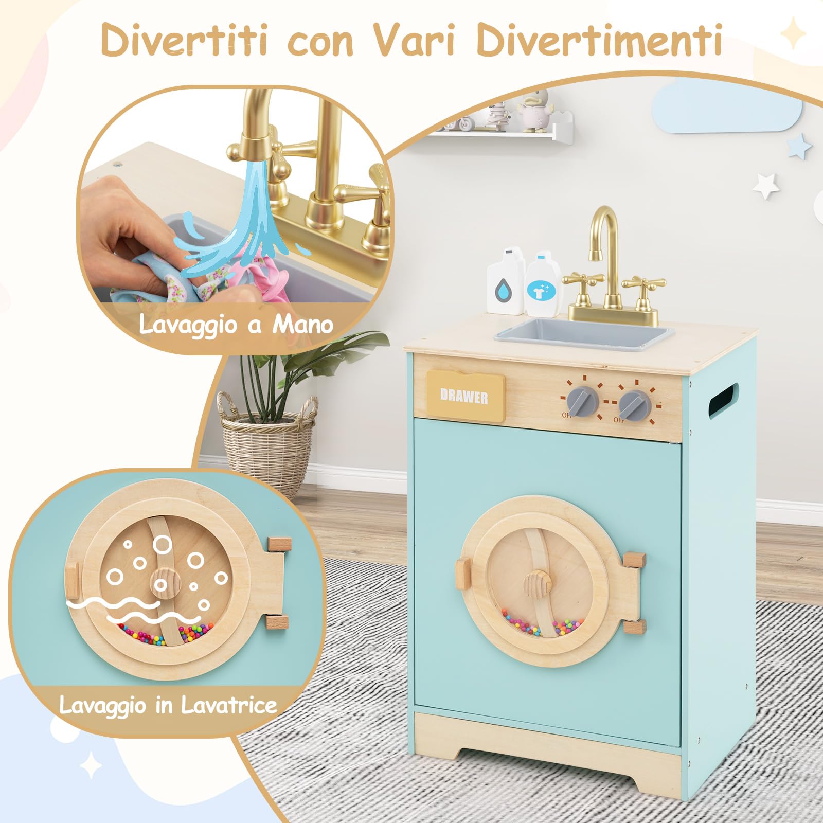 COSTWAY Set di Gioco Lavatrice per Bambini, Giocattolo Lavatrice con Detersivo e Igienizzante per le Mani, Set in Legno con Lavabo, Cassetto e Ruota Rotante, Regalo per Bambini dai 3+ Anni
