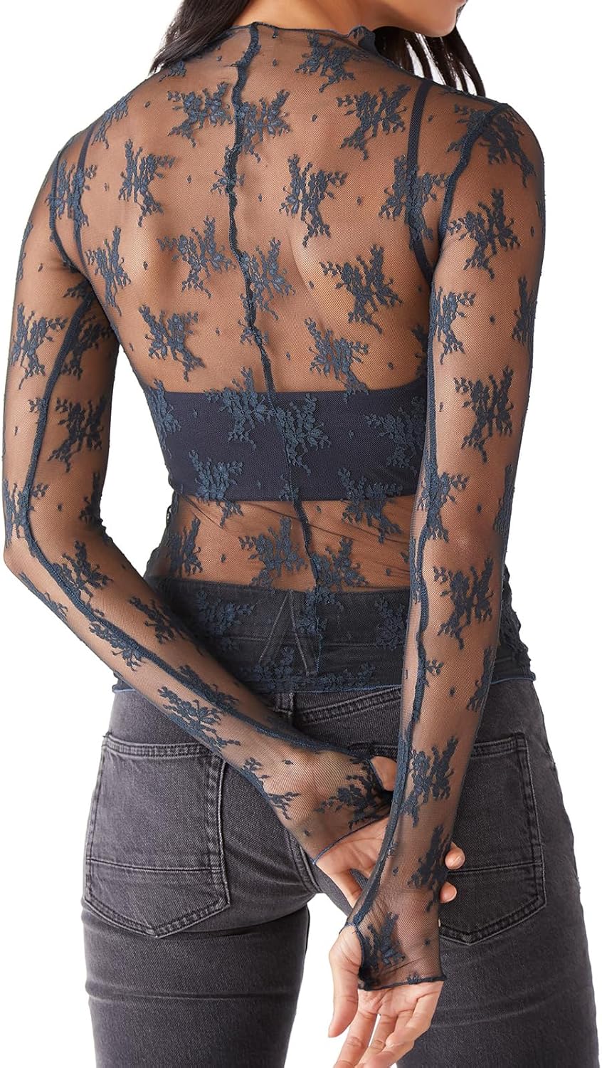 Sheer Mesh Long Sleeve Layering Top for Women Mock Neck Floral Lace Tshirt See Through Tee Shirt Blouse - Image 5