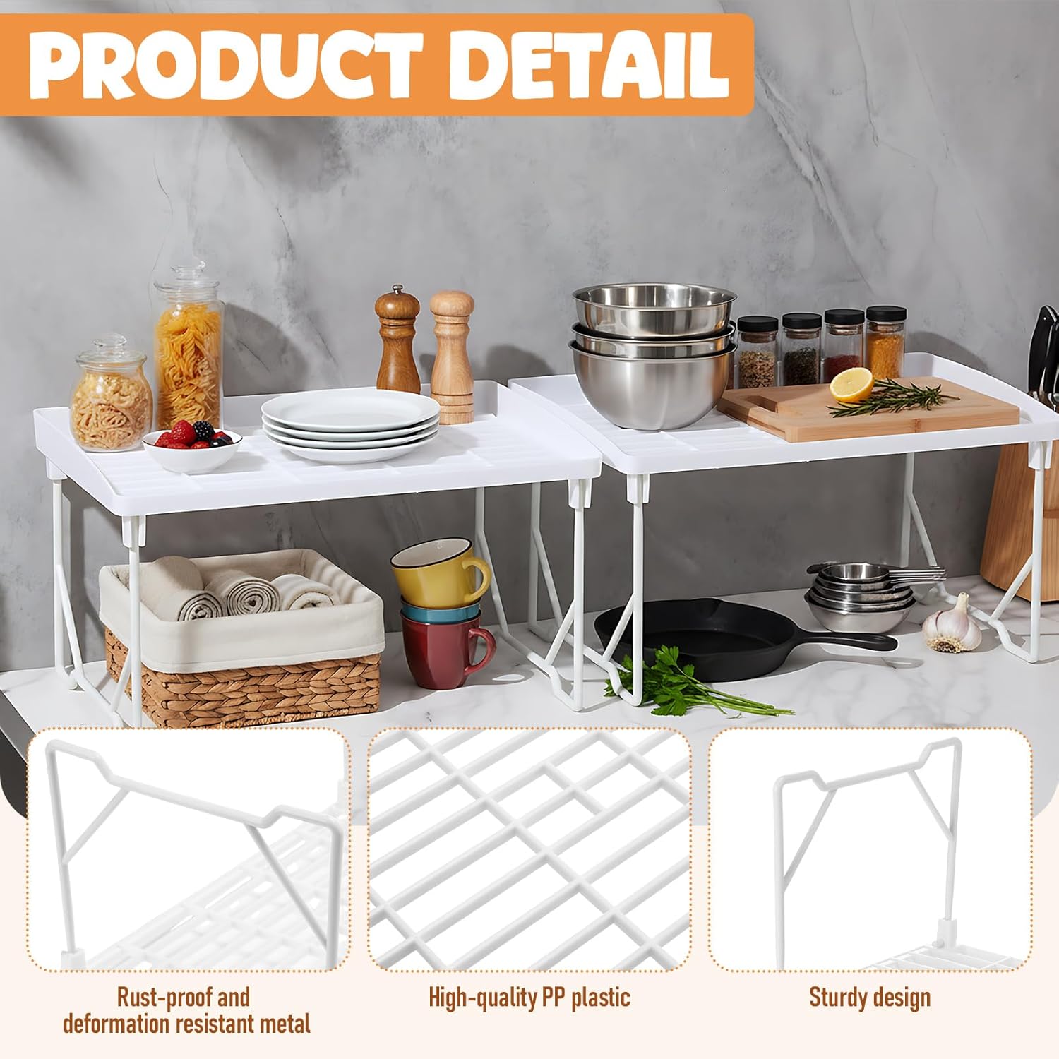 12 Pack White Stackable Plastic Kitchen Storage Shelf Foldable Racks, Pantry Shelf Cabinet Organizers, Expandable Storage Rack for Cabinet Fridge Bathroom (Plastic)