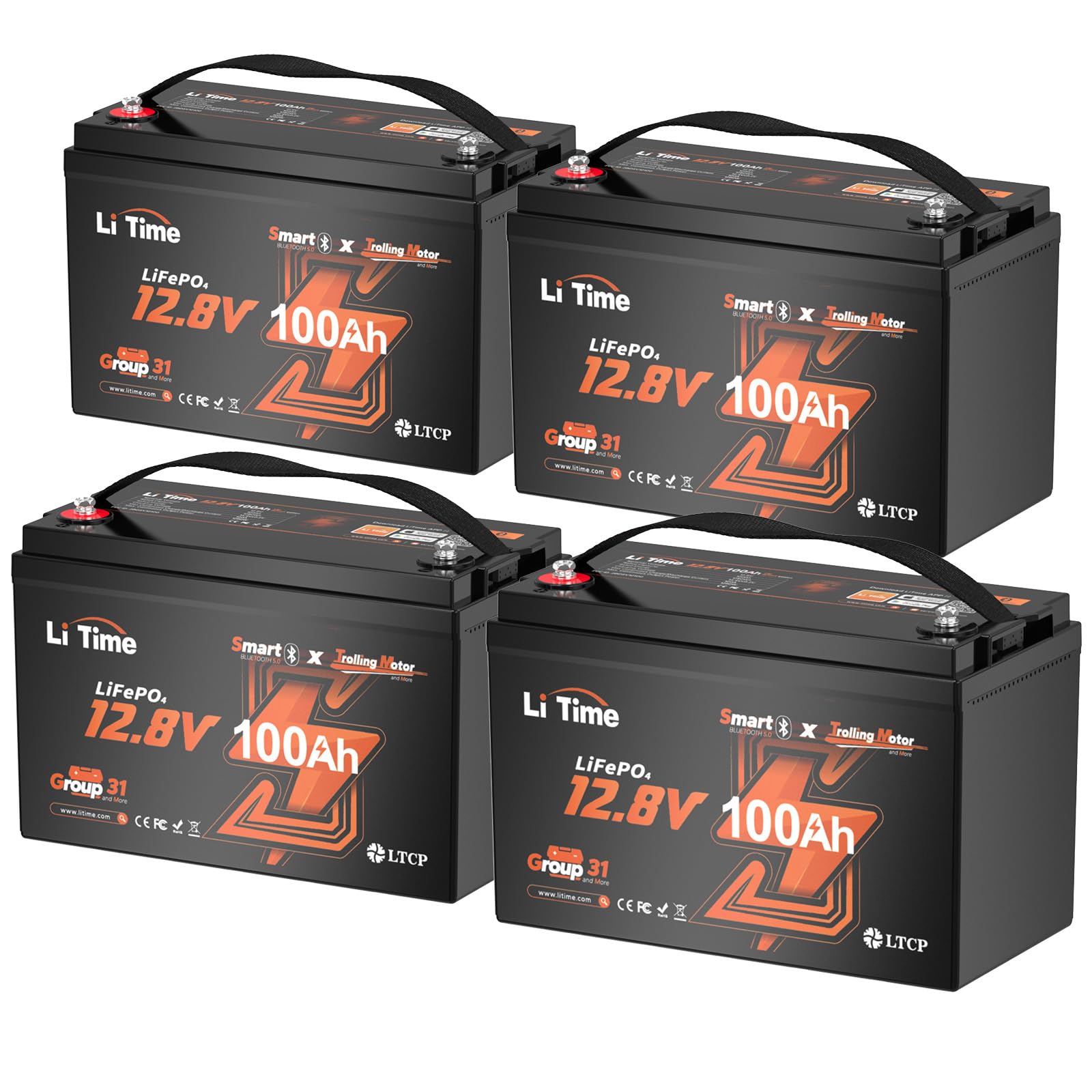 Litime 12V 100Ah Trolling Motor LiFePO4 Battery for Marine, Boat (4-Pack)