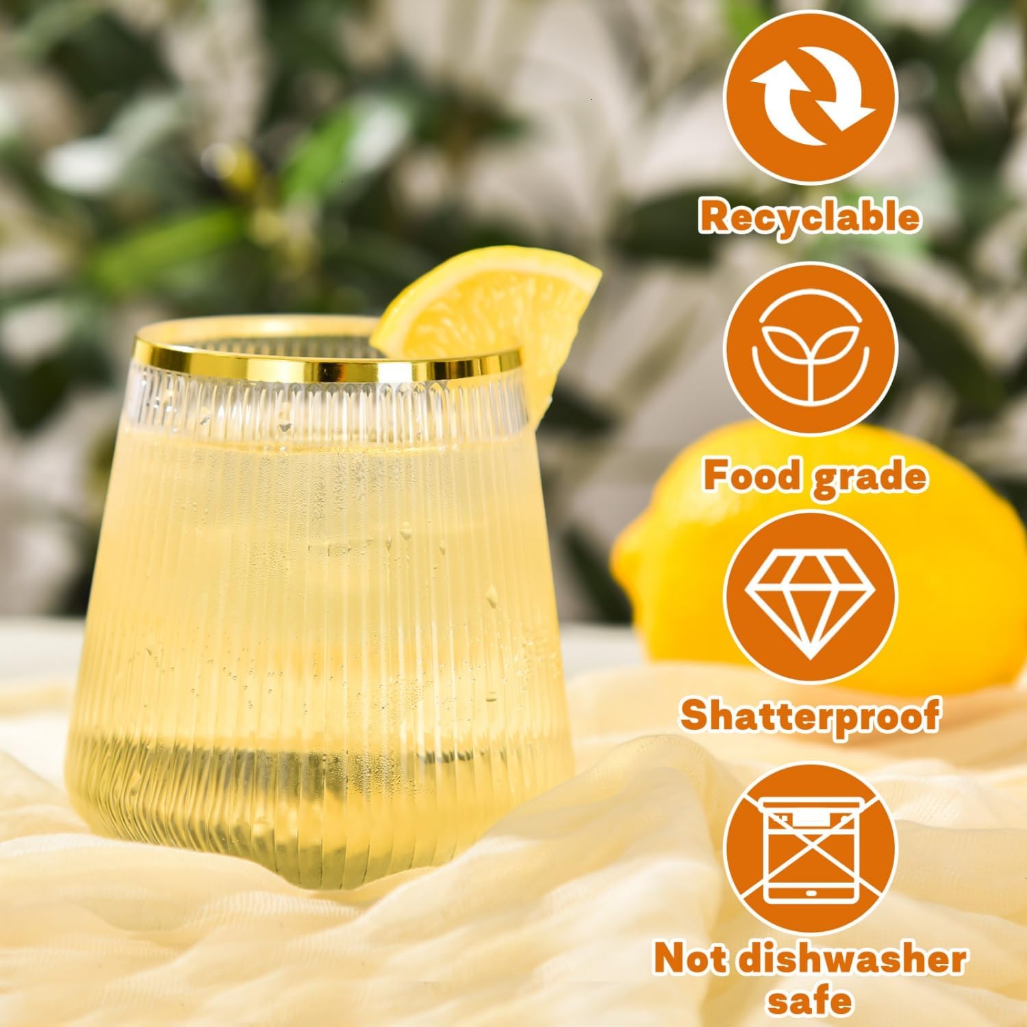 POMEAT 40 Pack Plastic Wine Glasses Disposable Cocktail Glasses 12oz Champagne Whiskey Glasses Ribbed Diamond Stemless Stemless Wine Glass for Christmas Parties Wedding Pools Daily Use, Gold Rim