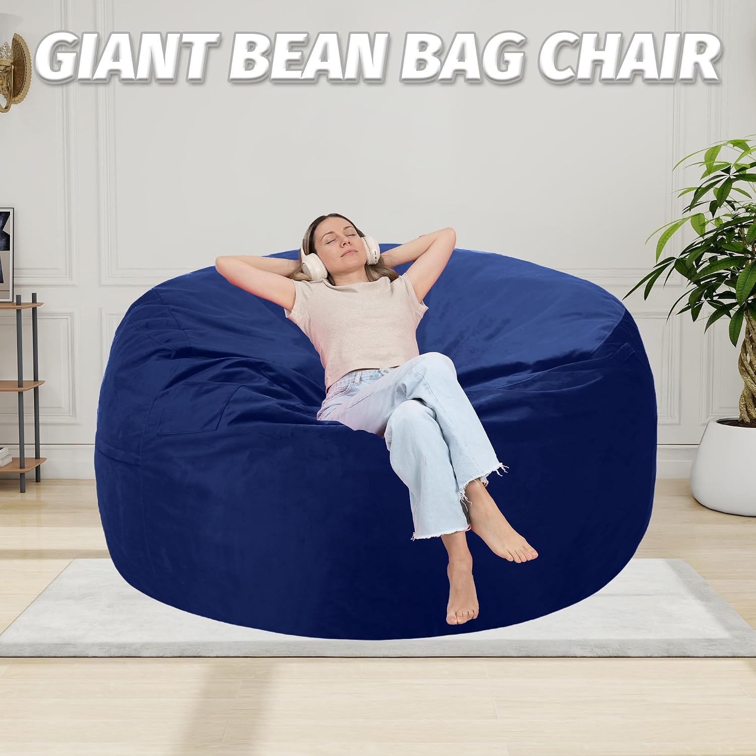 Bean Bag Chair 3FT with Ultra Soft Velvet Cover Memory Foam Bean Bag Large Size for Adults Lazy Sofa for Living Room (New Blue)