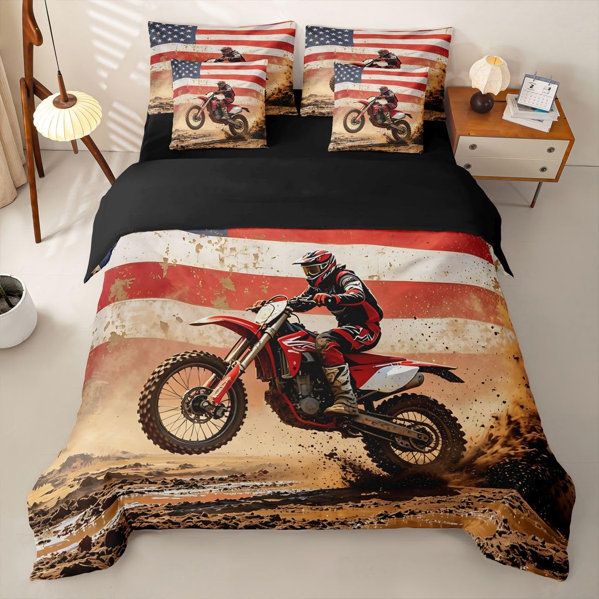 Loussiesd Set di biancheria da letto con copripiumino per letto singolo, motivo motocross, 7 pezzi, per bambini, ragazzi, ragazze, motocross, con copripiumino, lenzuola, federe, federe