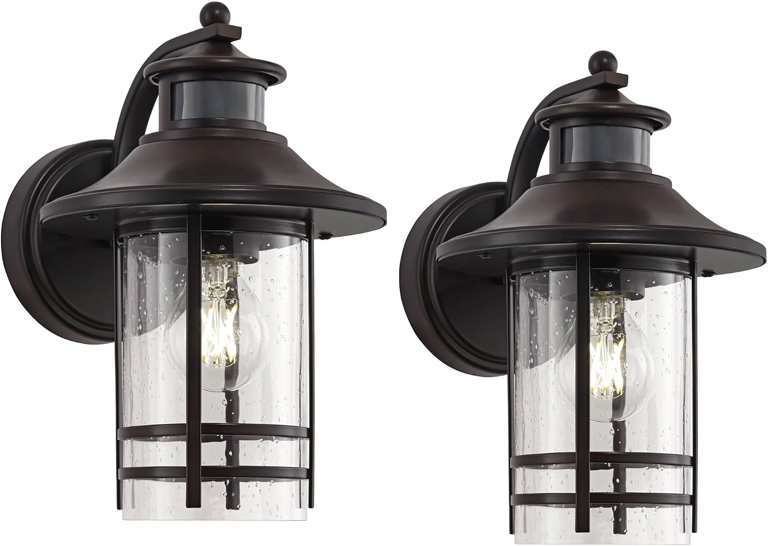 John Timberland Galt Rustic Industrial Outdoor Wall Light Fixtures Set of 2 Oil Rubbed Bronze Dusk to Dawn Motion Sensor 11 1/4" Seedy Glass for Post Exterior Barn Deck House Porch Yard Patio
