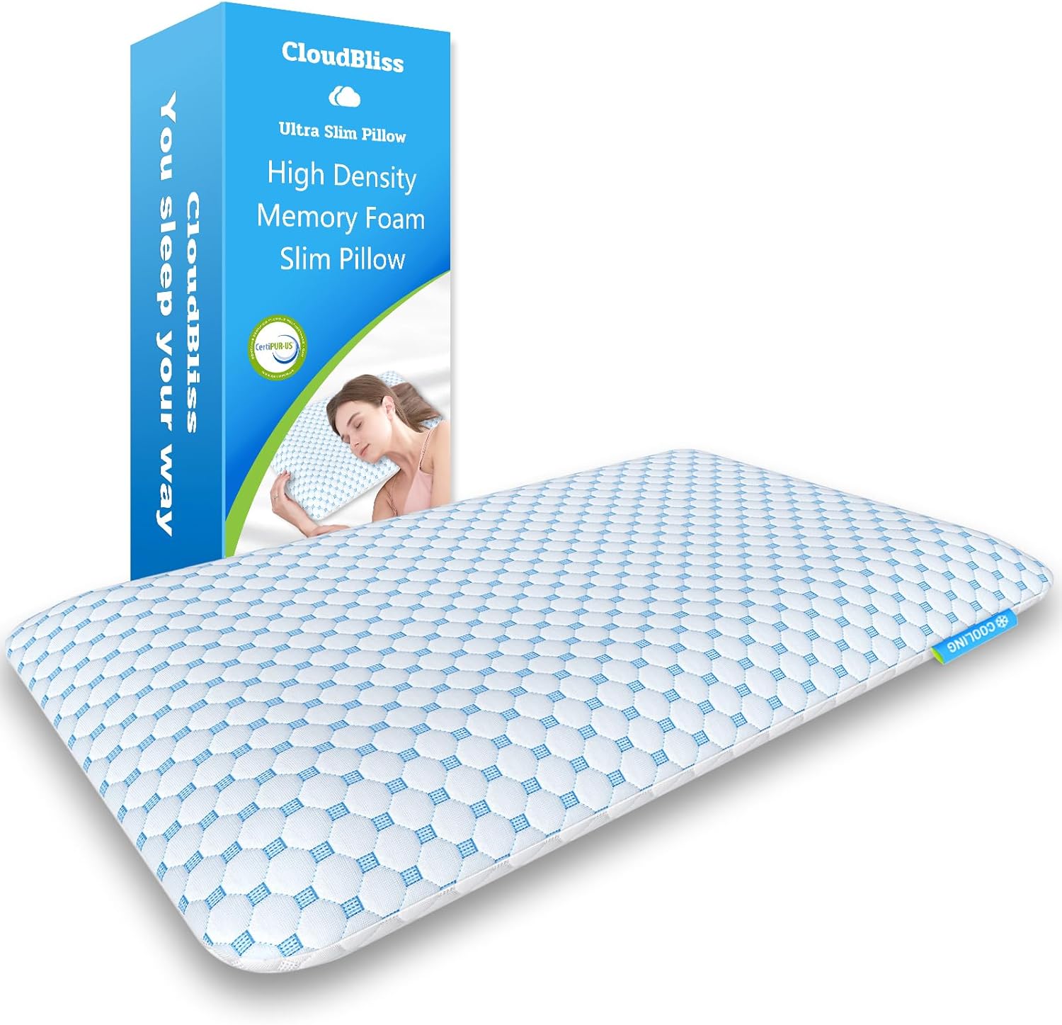 CloudBliss Ultra Slim 3.3” Pillows for Side | Back | Stomach Sleepers, Memory Foam Flat Pillow, Low Profile Sleeper Pillows with Double Sided Comfortable Breathable Pillow Cover, Standard