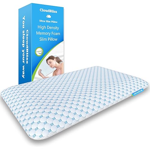 CloudBliss Ultra Slim 2.75” Pillows for Side | Back | Stomach Sleepers, Memory Foam Flat Pillow, Low Profile Sleeper Pillows with Double Sided Comfortable Breathable Pillow Cover, Queen