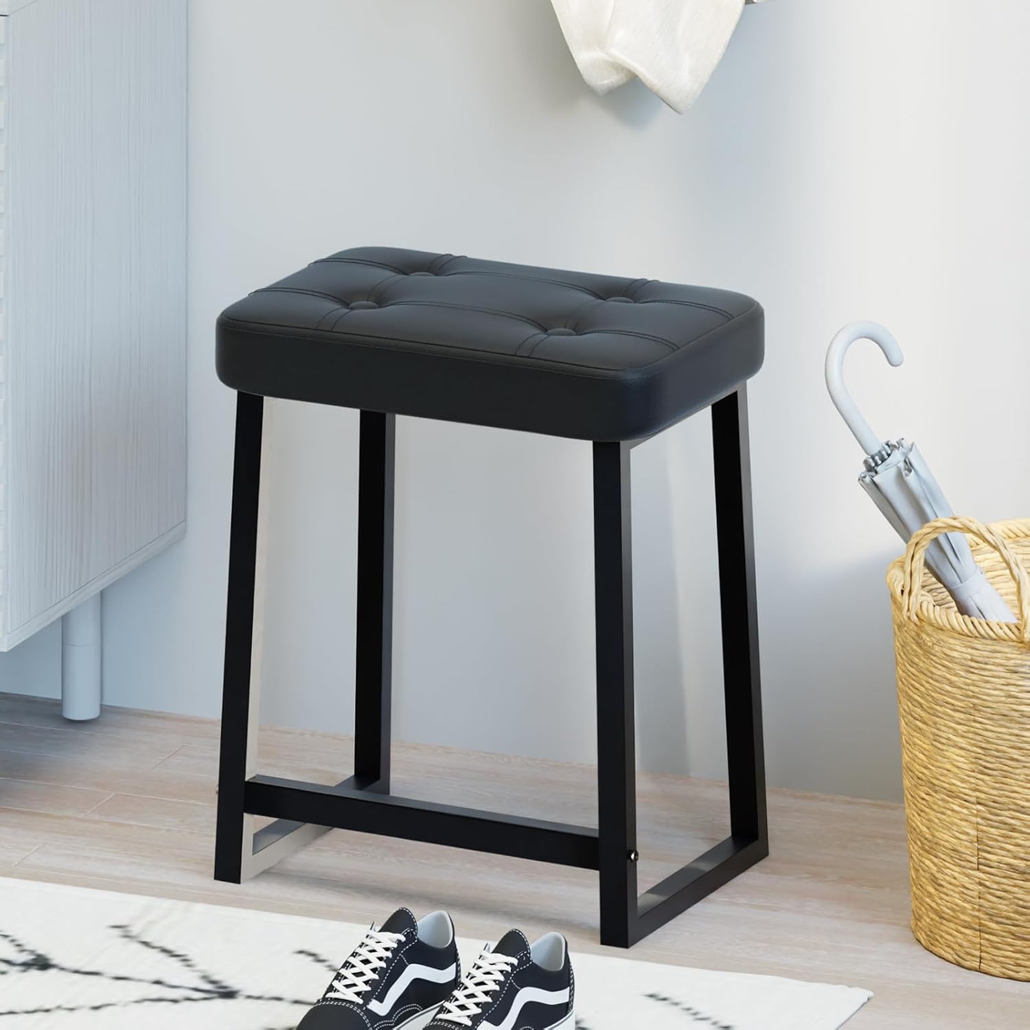 Vanity Stool Chair, Makeup Stool for Vanity,Small Ottoman Footrest for Bathroom, Bedroom, Living Room, Entryway, Offices，Leather &Metal Legs with Anti-Slip Feet, Black