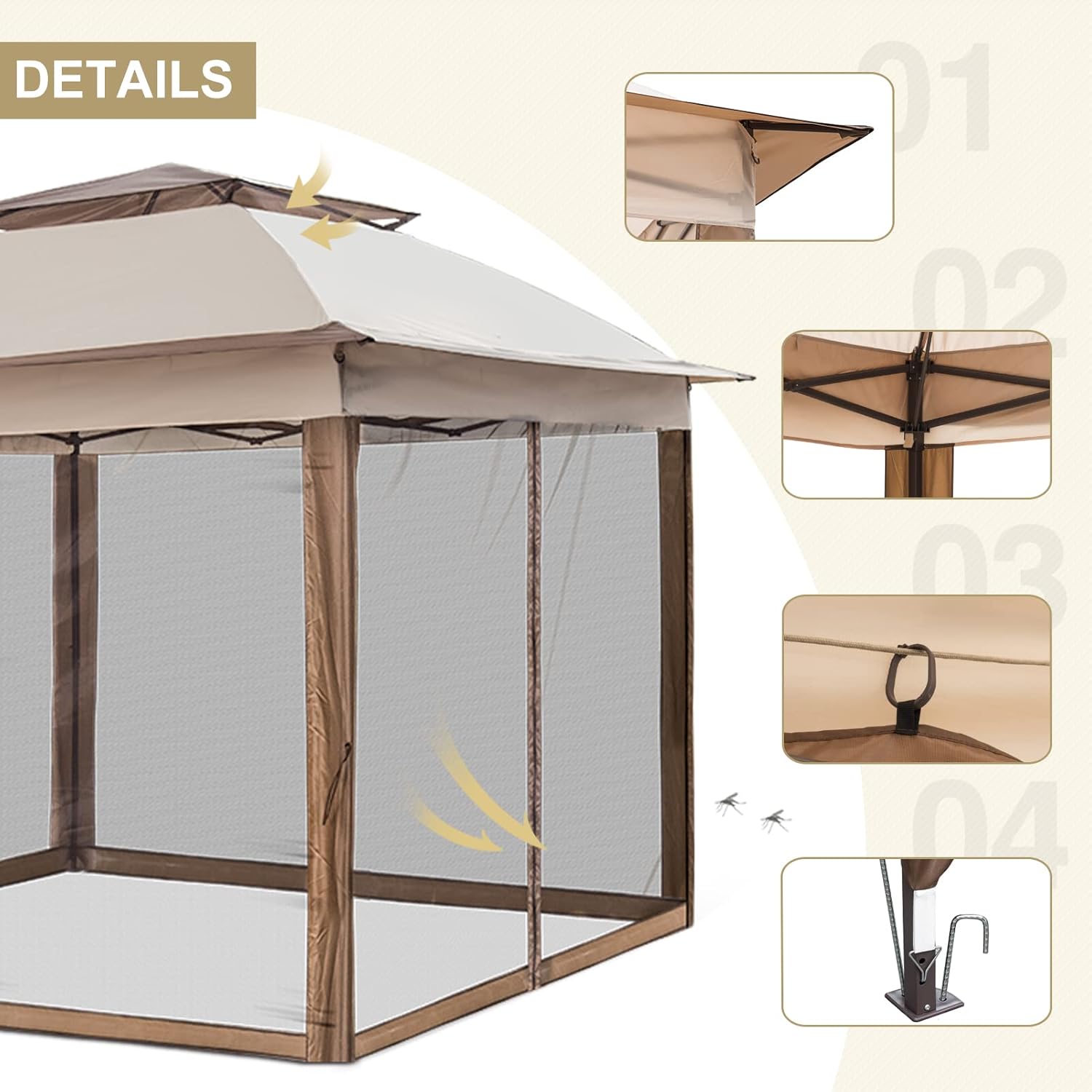 EAGLE PEAK 11x11 Pop Up Gazebo with Mesh Netting, Easy Up Screened Canopy for Patio and Backyard, Easy Set up Outdoor Gazebo (Tan)