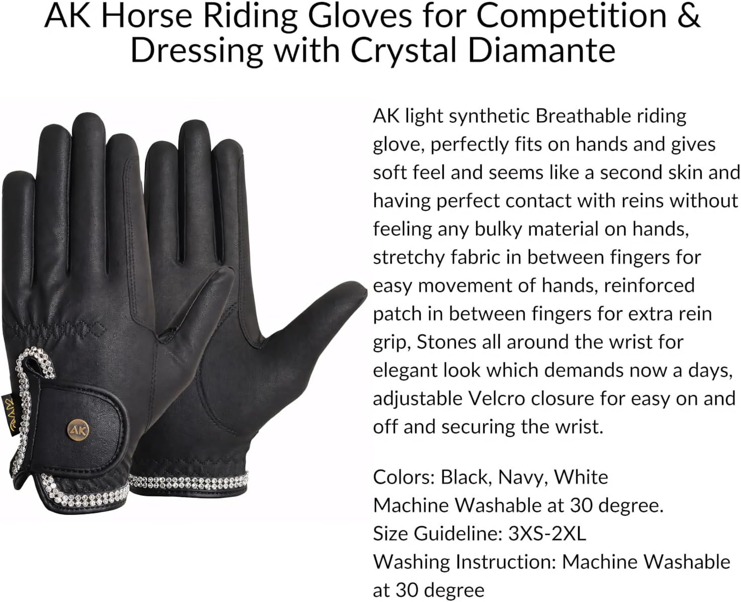 AK Horse Riding Gloves for Women & Men – Competition Equestrian Gloves with Crystal Diamante Design – Comfortable, Non-Slip Grip – Premium Show & Dressage Gloves AKRS-6366