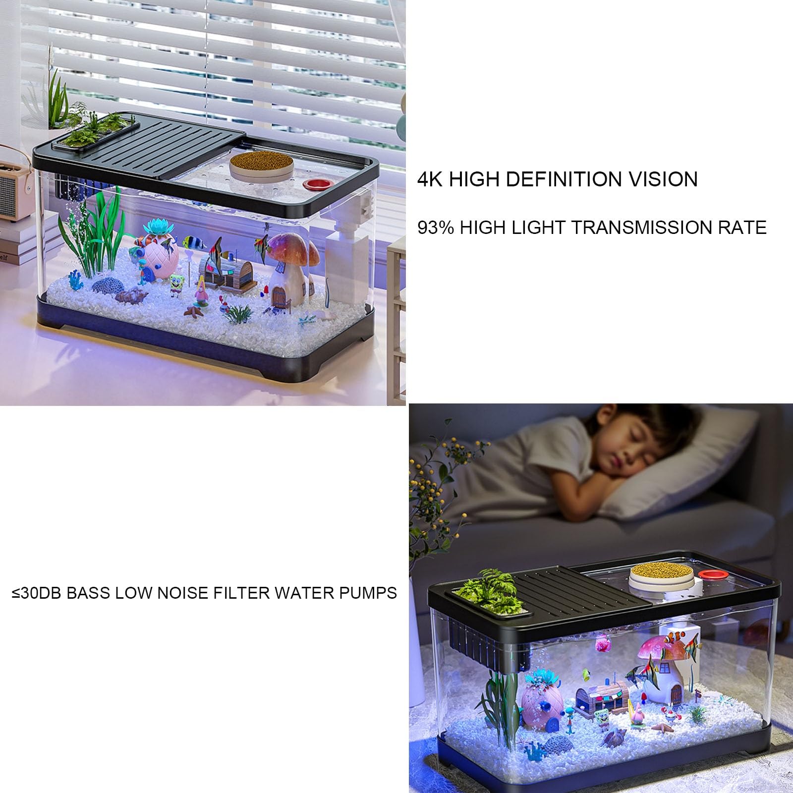 Aquarium Komplett-Set, 38,8 * 21,5 * 21,2 cm Fischtank Mit LED, 3-in-1 Selbstreinigende Filter, Glasbecken Mit Deckel, Klein Aquaristik Dekor Für Zuhause, Büro, Wohnzimmer