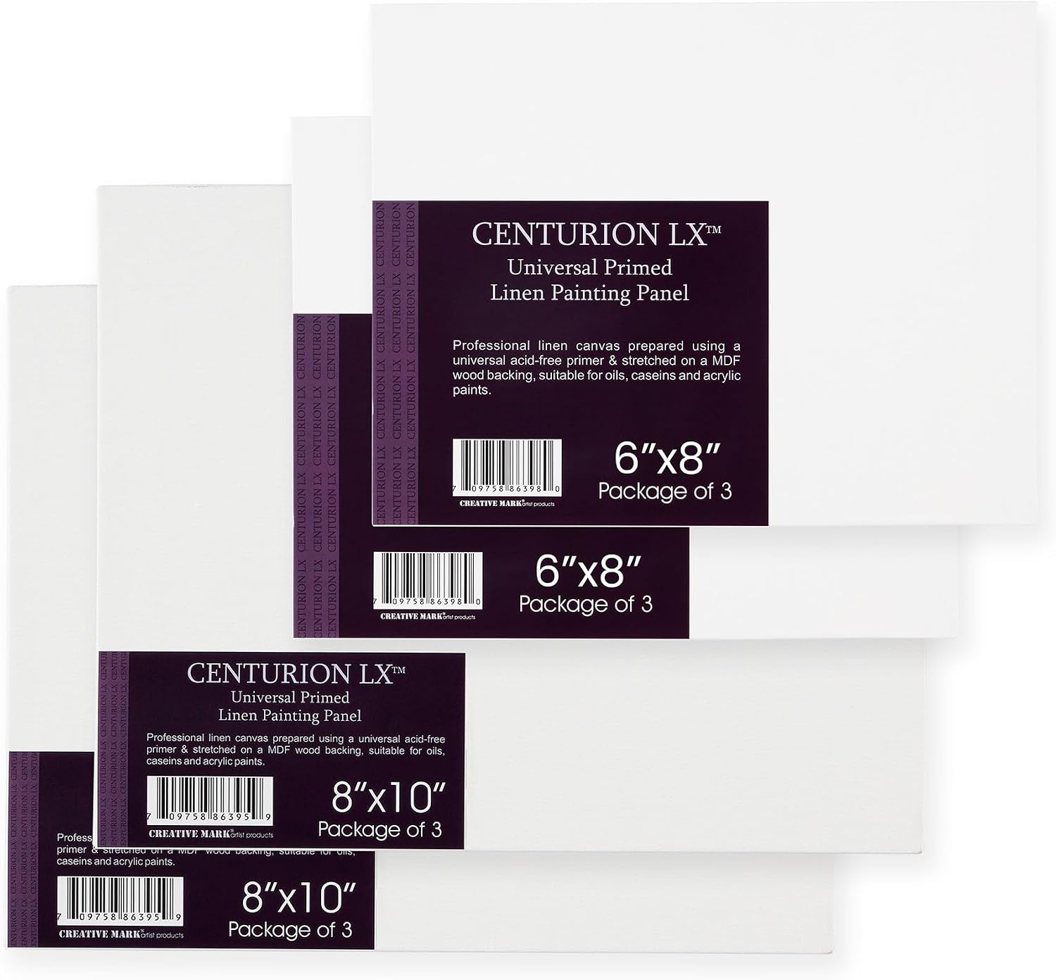 Centurion All-Media Primed Linen Panels - 6x8, and 8x10 6 Panels Each Size - 11oz Universal Primed Canvas Boards for Painting, Mounted on MDF Wood, Non-Warping, Ideal for Professional Artists